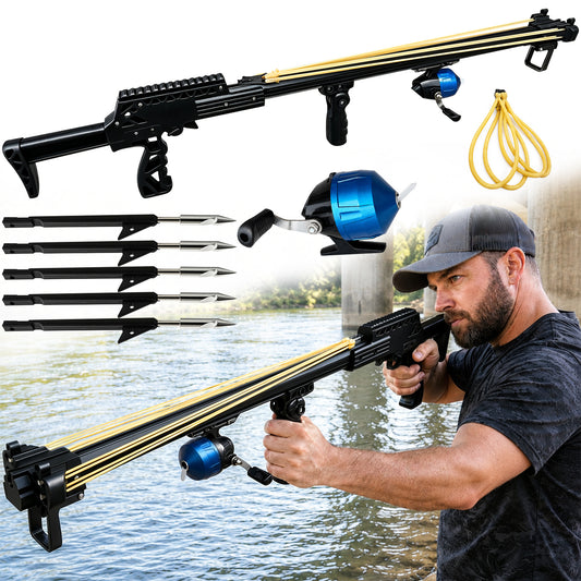 New Upgraded Outdoor Fishing Slingshot, Heavy Duty Fish Rod Slingshot Gear, Max Performance Metal Slingshot, Safety Lock Trigger Automatic Slingshot, Essential for Outdoors Lakes,Rivers Fishing and Forest Shooting,Adult Slingshot with Rubber Bands