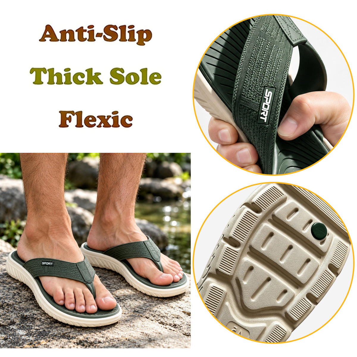 Men's Flip Flops, Slide Sandals for Men, Lightweight Thong Sandals with Thick EVA Sole, Soft Cushioned Footbed & Textured Outsole, Non-Slip Slippers, Men Summer Beach Sandals with Arch Support for Casual Walking, Indoor & Outdoor Wear, Green