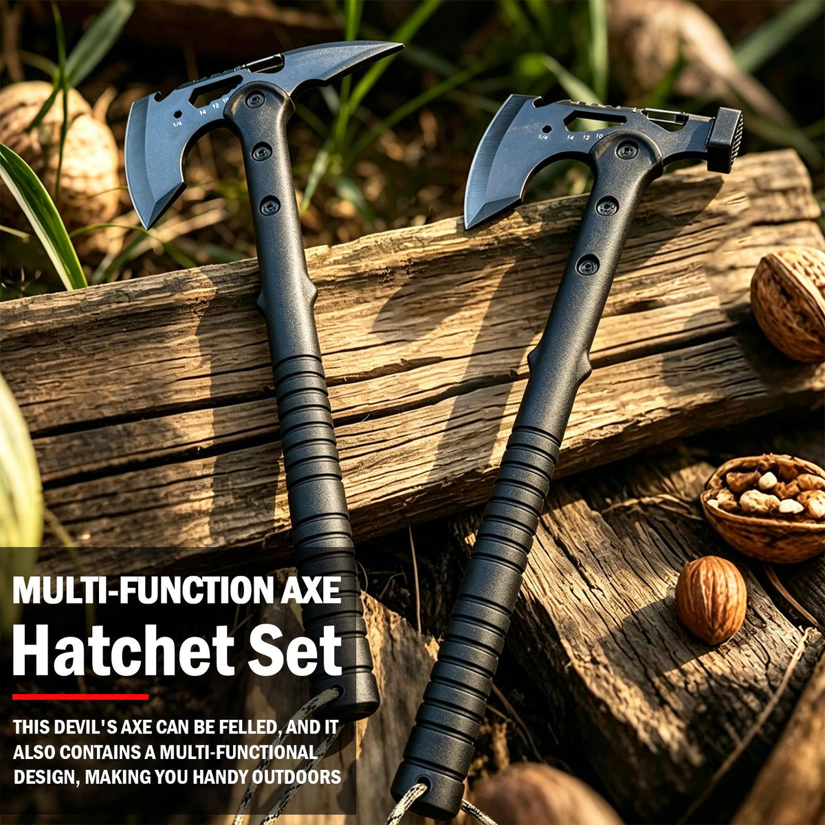 2 Pack Portable Battle Axe Set, Portable Outdoor Hatchet with Sheath, Reinforced Steel Sharp Blade, Window Breaker, Hammer and Multi-Tool Design Tomahawk, Durable Anti-Slip Handle Camping Hatchet Tool for Hiking/Camping/Outdoor Adventure Gear