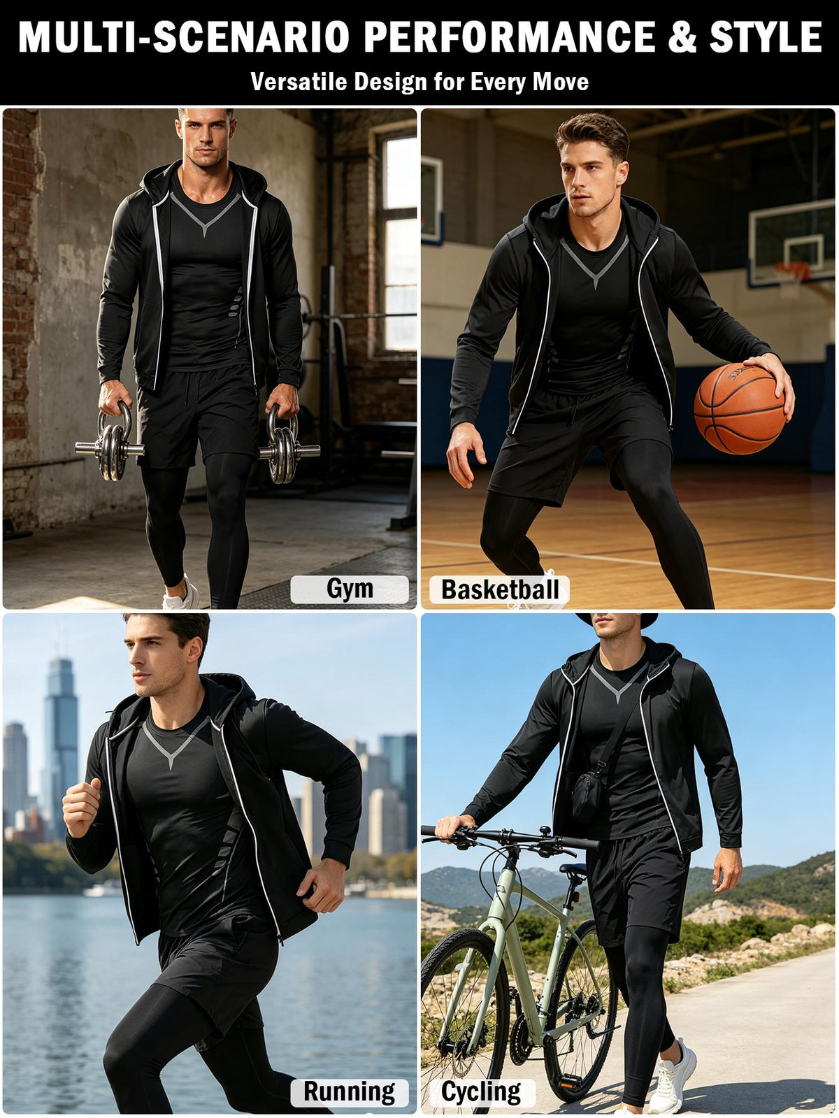 4 Pieces Sports Set, Men's Fitted Workout Shirt Activewear Set, Athletic Jacket with Hoodies Long Sleeve, Quick Dry Compression Tee with Breathable Moisture Wicking Comfort, Stretch Short Sleeve Running Top for Gym Training and All-Day Active Wear