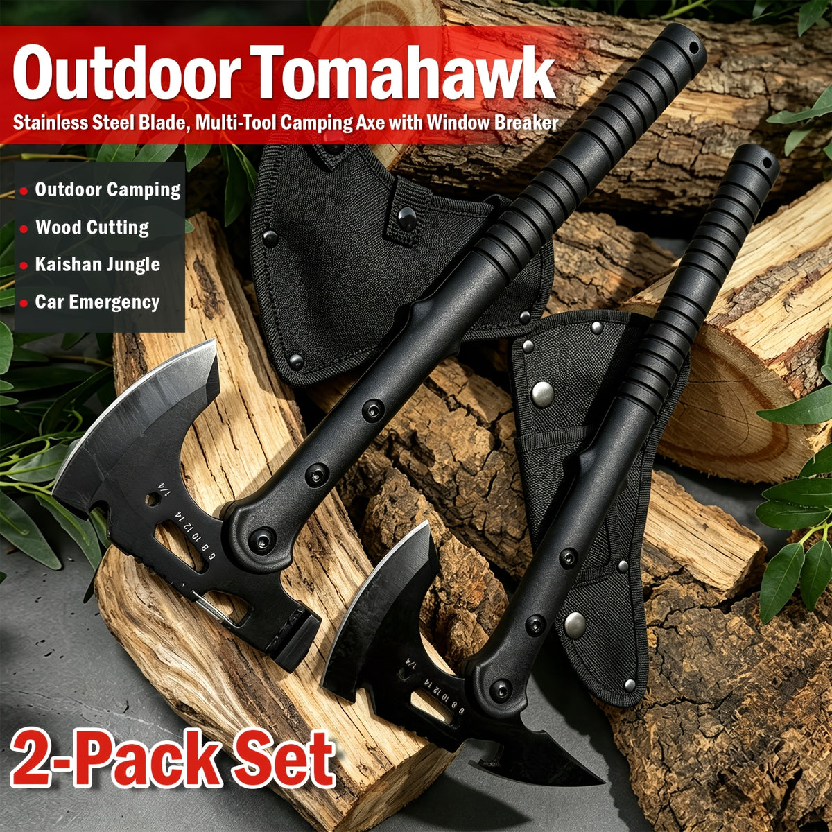 2 Pack Portable Battle Axe Set, Portable Outdoor Hatchet with Sheath, Reinforced Steel Sharp Blade, Window Breaker, Hammer and Multi-Tool Design Tomahawk, Durable Anti-Slip Handle Camping Hatchet Tool for Hiking/Camping/Outdoor Adventure Gear