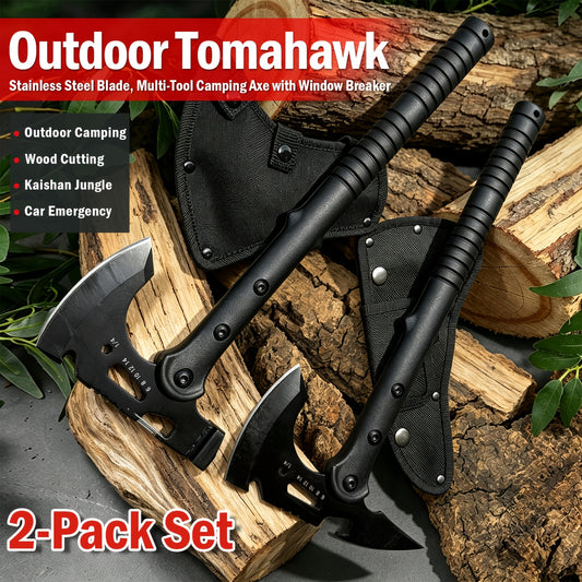 2 Pack Portable Battle Axe Set, Portable Outdoor Hatchet with Sheath, Reinforced Steel Sharp Blade, Window Breaker, Hammer and Multi-Tool Design Tomahawk, Durable Anti-Slip Handle Camping Hatchet Tool for Hiking/Camping/Outdoor Adventure Gear
