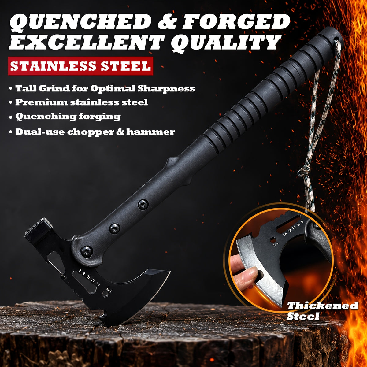 Portable 15" Stainless Steel Garden Axe, Durable Tomahawk with Sheath, Multi-Functional Tomahawk Outdoor Camping Axe with Hammer, Bottle Opener & Carabiner, Durable Hatchet for Branch Cutting, Yard Work, Camping and Emergency Gear,2 styles（Black）