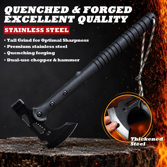 Portable 15" Stainless Steel Garden Axe, Durable Tomahawk with Sheath, Multi-Functional Tomahawk Outdoor Camping Axe with Hammer, Bottle Opener & Carabiner, Durable Hatchet for Branch Cutting, Yard Work, Camping and Emergency Gear,2 styles（Black）