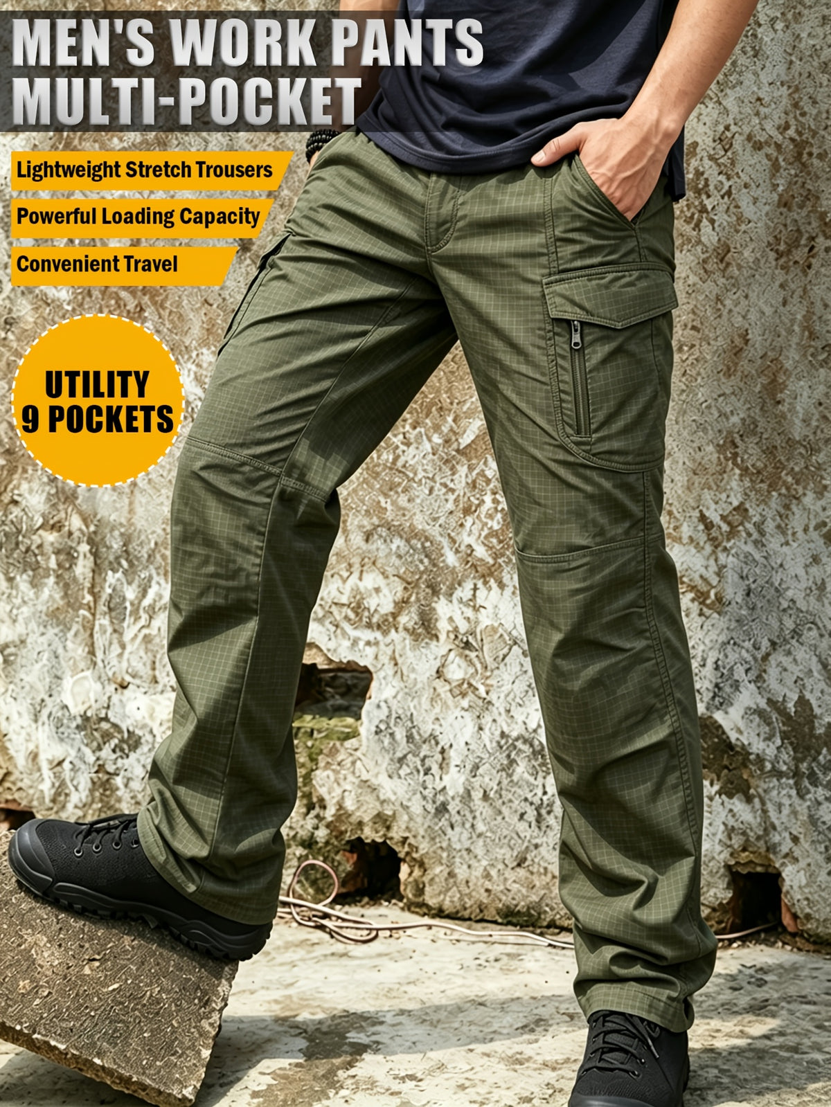 Men's Work Cargo Pants, Army Green, Stretch Tear-resistant Lightweight Commuter Pants/ Training Pants/Hiking Pants, Water-Resistant Multi-Pocket Utility Work Pants and Outdoor Casual Pants, for Outdoor Camping & Hiking, Durable