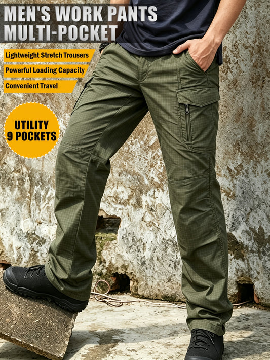 Men's Work Cargo Pants, Army Green, Stretch Tear-resistant Lightweight Commuter Pants/ Training Pants/Hiking Pants, Water-Resistant Multi-Pocket Utility Work Pants and Outdoor Casual Pants, for Outdoor Camping & Hiking, Durable