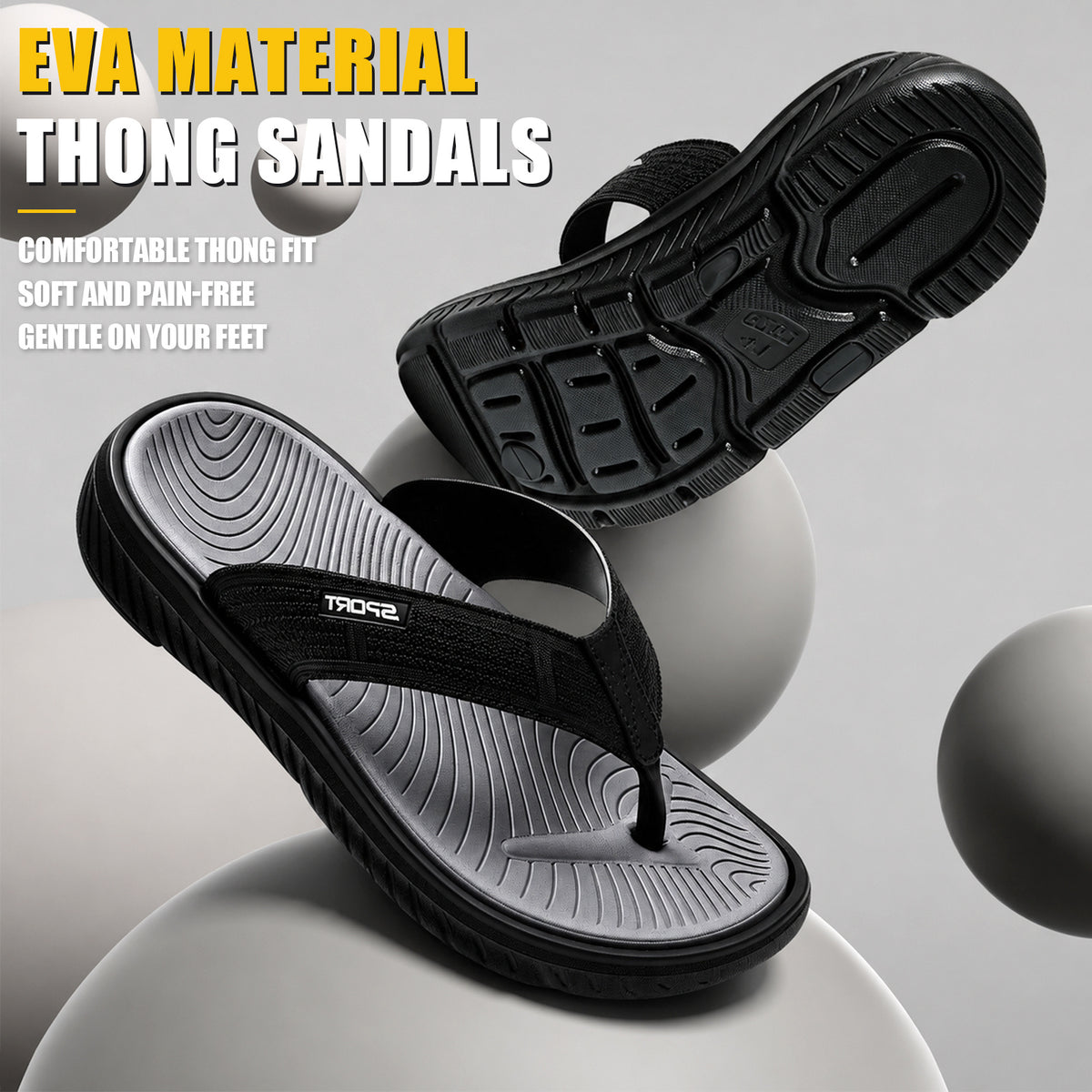 Men Summer Casual Flip-Flops, Beach Walking Thong Cushion Thong Sandals with Comfortable Arch Support Yoga Mat Beach Shoes, Durable Thick-Soled, Non-Slip, Soft-Soled Outdoor Sandals for Men, Black