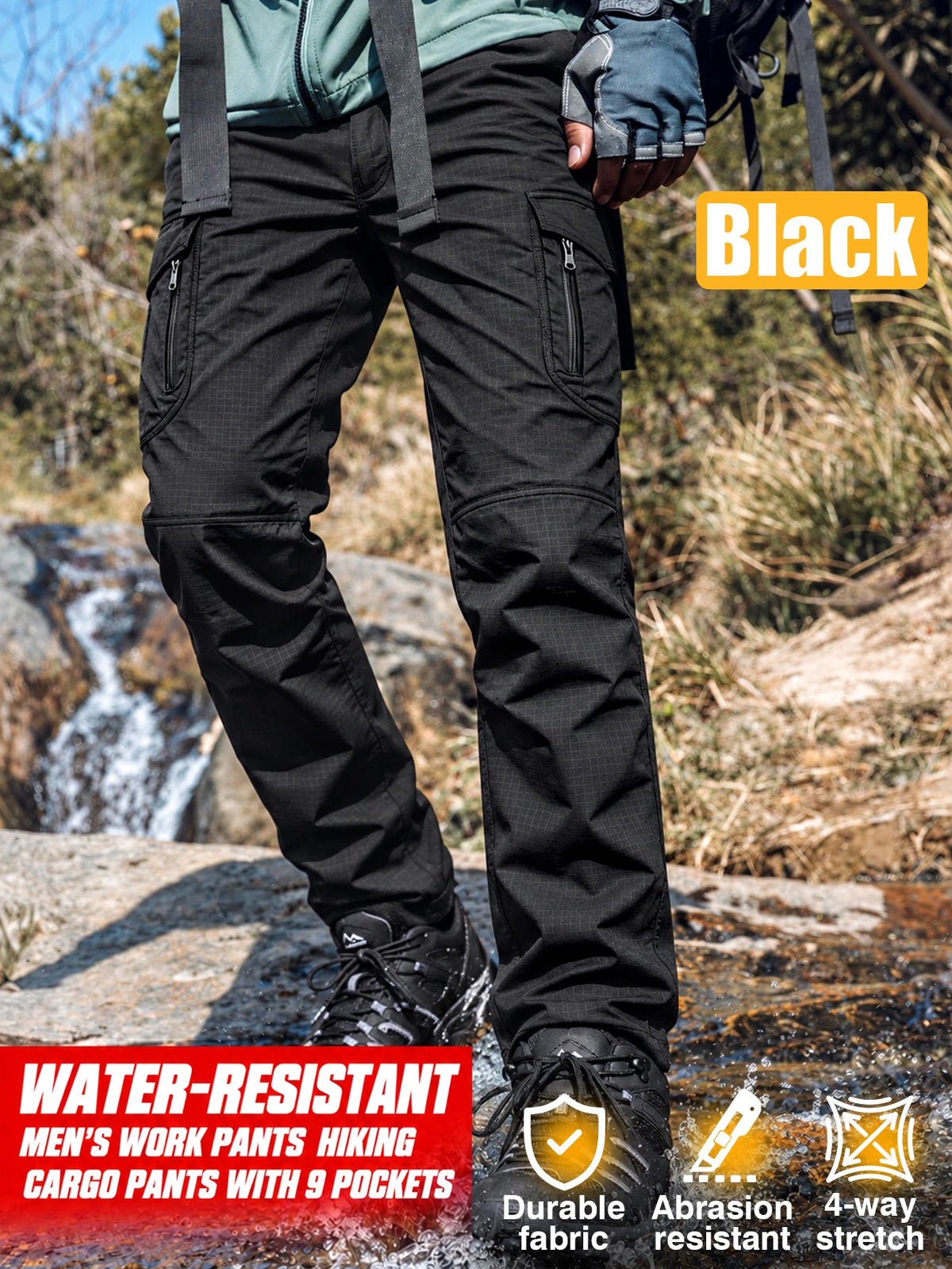 Men's Cargo Work Pants Black, Stretch Waistband, Lightweight Ripstop Hiking Pants with 9 Pockets, Water Resistant & Durable Utility Cargo Pants, Relaxed Fit for Men Workdays and Outdoor Activities (Black,S-XXXL)
