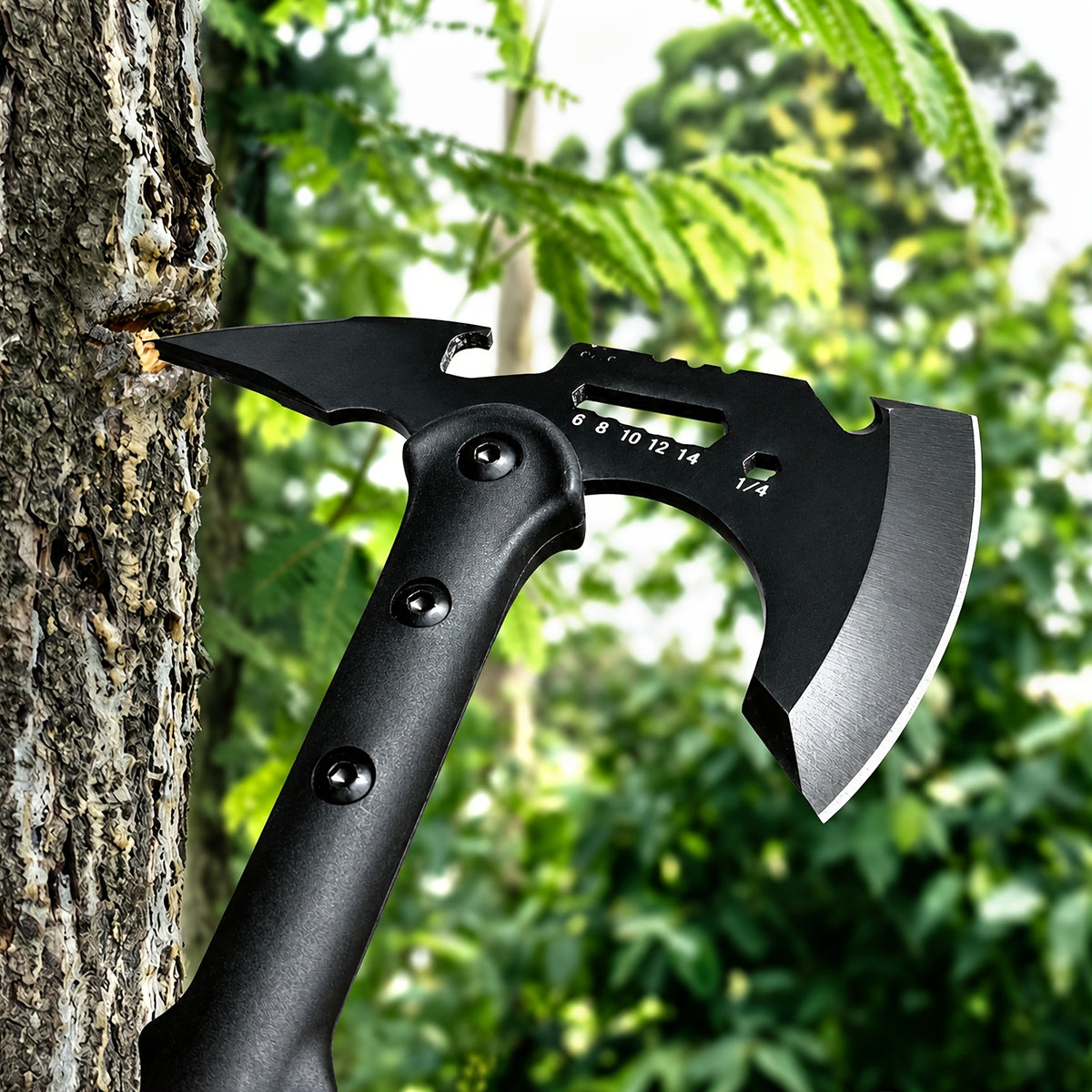 Portable 15" Stainless Steel Garden Axe, Durable Tomahawk with Sheath, Multi-Functional Tomahawk Outdoor Camping Axe with Hammer, Bottle Opener & Carabiner, Durable Hatchet for Branch Cutting, Yard Work, Camping and Emergency Gear,2 styles（Black）