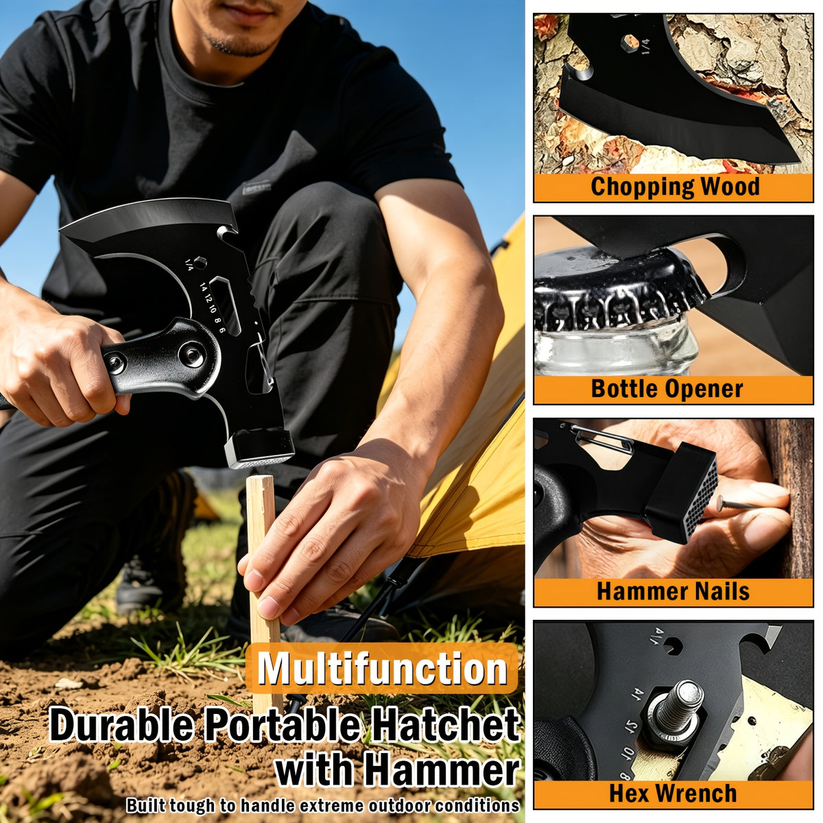 Portable 15" Stainless Steel Garden Axe, Durable Tomahawk with Sheath, Multi-Functional Tomahawk Outdoor Camping Axe with Hammer, Bottle Opener & Carabiner, Durable Hatchet for Branch Cutting, Yard Work, Camping and Emergency Gear,2 styles（Black）