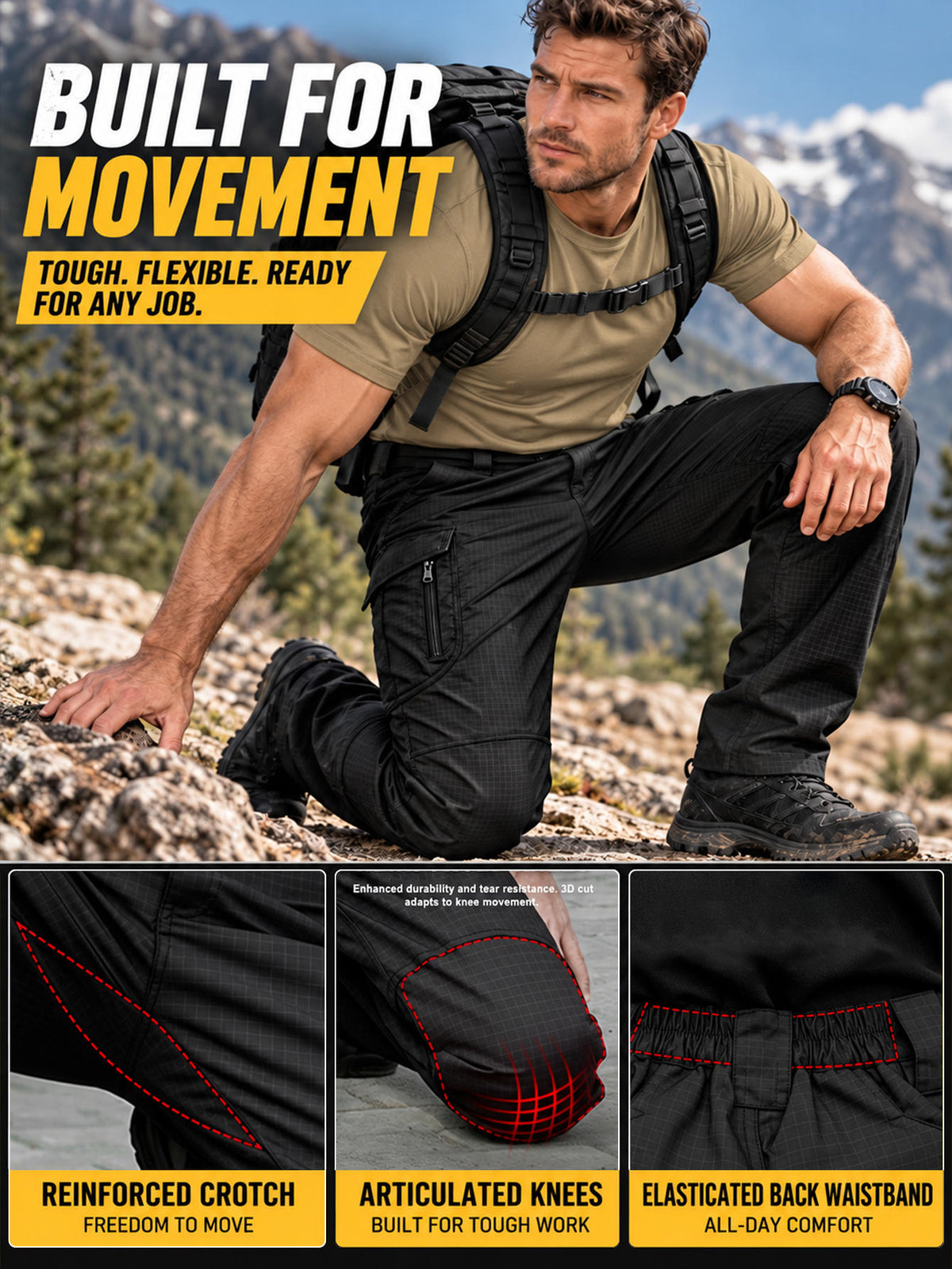 Men's Cargo Work Pants Black, Stretch Waistband, Lightweight Ripstop Hiking Pants with 9 Pockets, Water Resistant & Durable Utility Cargo Pants, Relaxed Fit for Men Workdays and Outdoor Activities (Black,S-XXXL)