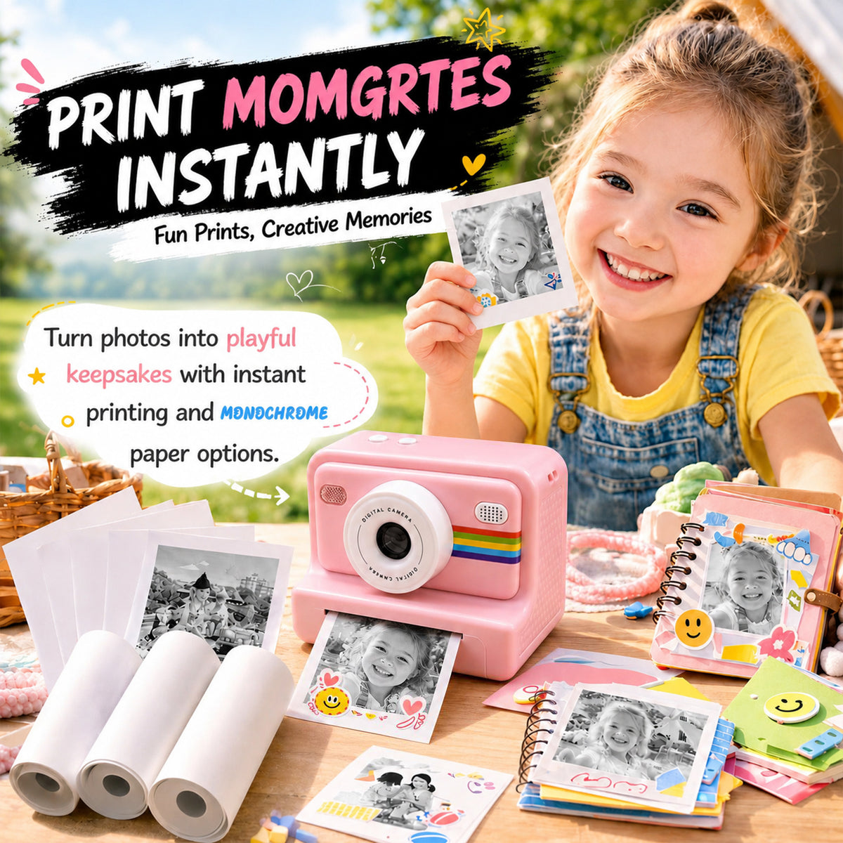 Thermal Portable Instant Printing Camera Set for Kids, 1080P HD Photo/Video Capture, Music Player, Interactive Storybooks, 3/5/10S Delayed Photography with USB Charger 1300Mah Battery And 3 Rolls Print Paper, Perfect for Birthday Gifts Girls Age 6