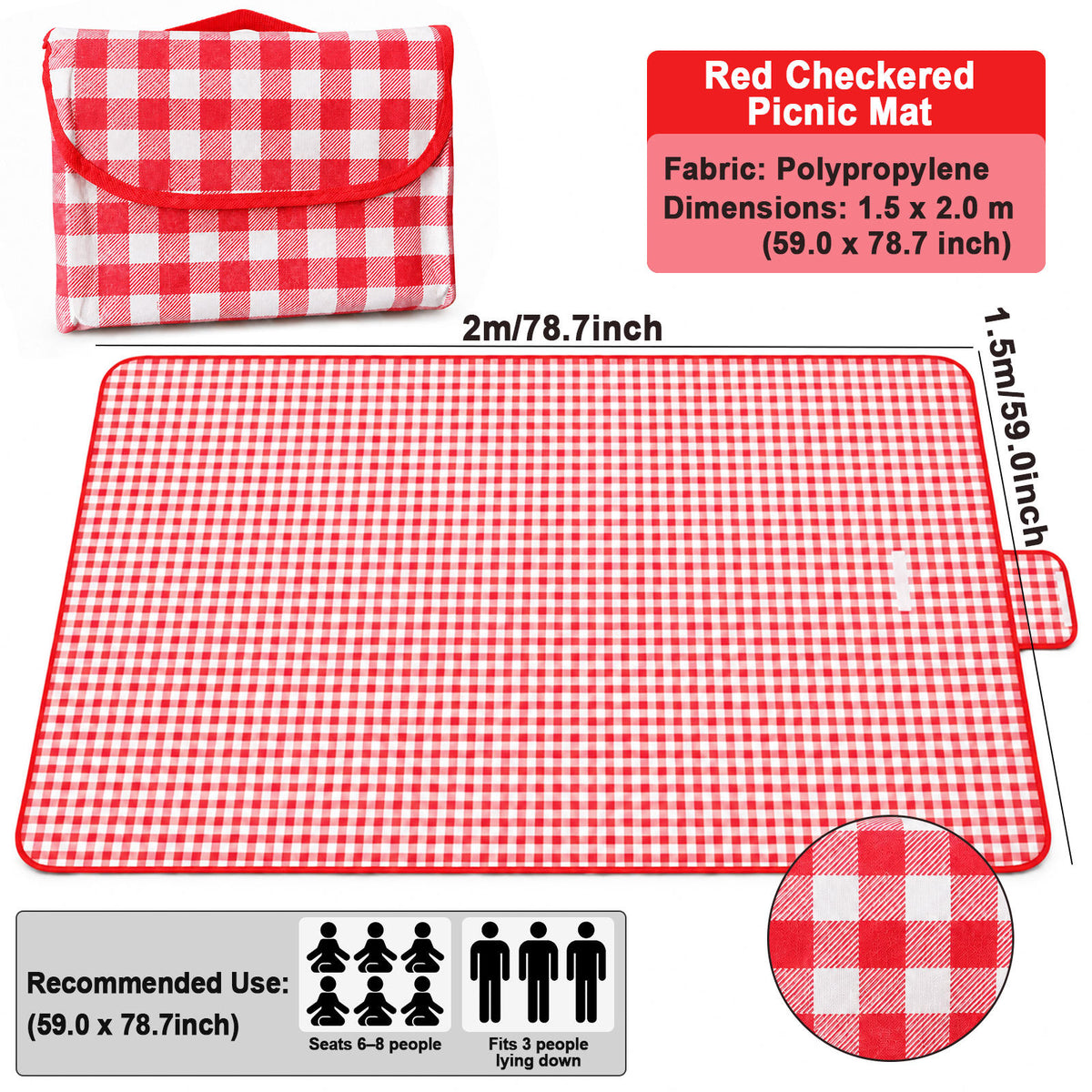 Portable Outdoor Picnic Blanket, 59x79'' Large Beach Blanket, Sand Proof Foldable Non-Woven Picnic Mat, Thickened Checkered Outdoor Mat with Handle, Oversized Compact Suitable for Parks, Meadows, Camping, Hiking, Concerts(3 Colors, 150x200cm)