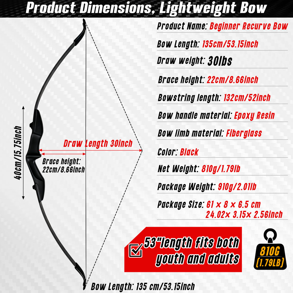 Black Adult 53" Archery Recurve Bow, Takedown Long Bow Kit, Portable Split-Type Bow, Adult and Beginners to Advanced Outdoor Target Practice, High Accuracy Shooting, Both for Left and Right Hand Use Recurve Bow Package for Adults 20LB, 30LB, 40LB