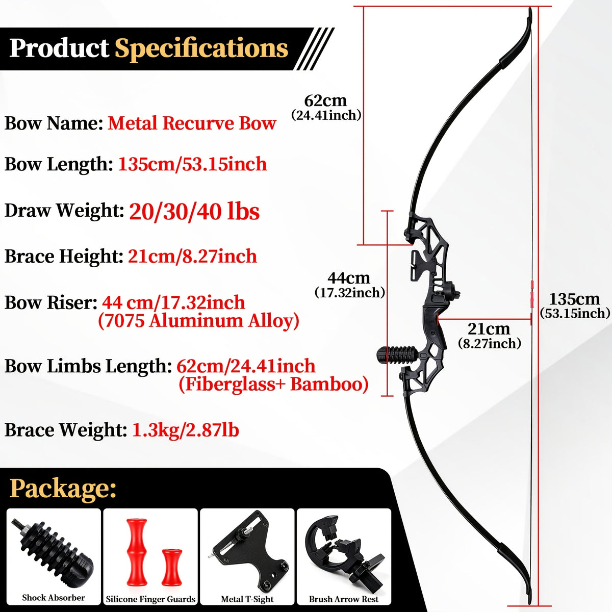 Archery Metal Recurve Bow Professional Beginner's Bow Outdoor Adult Archery Range Scenic Area Competitive Shooting, For Men and Women Sports Alloy Bow Compound Bow Competition Set, 20 LBS/30 LBS/40 LBS Available, Ambidextrous