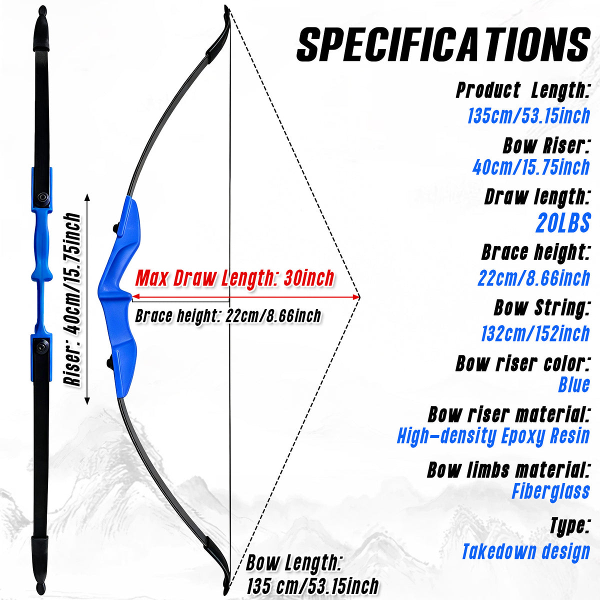 Archery Takedown Recurve Bow 53 inch for Adults,Beginners,Teenagers and Men-Right & Left Handed, Archery Set for Outdoor Target Training Practice,Beginner Recurve Bow, High Accuracy, Stability Performance (20/30/40lbs) Blue, Stylish