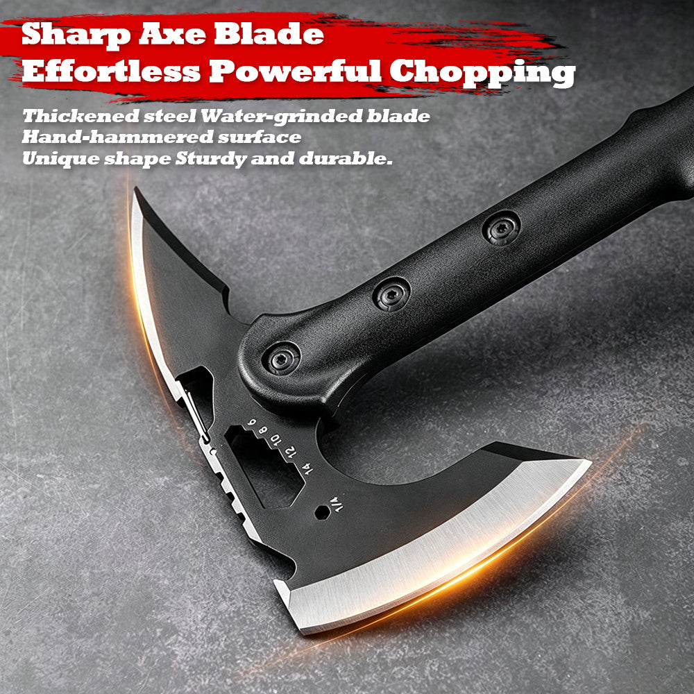 Outdoor Axe, Multifunctional Battle Axe, Camping Hand Axe, All-in-One Combat Axe, Durable and Sturdy Sharpened Blade, Wilderness Firewood-Splitting Survival Axe, 15 inch Tactical Axe with Mountain Lock and Bottle Opener with Sheath Hammer Tomahawk