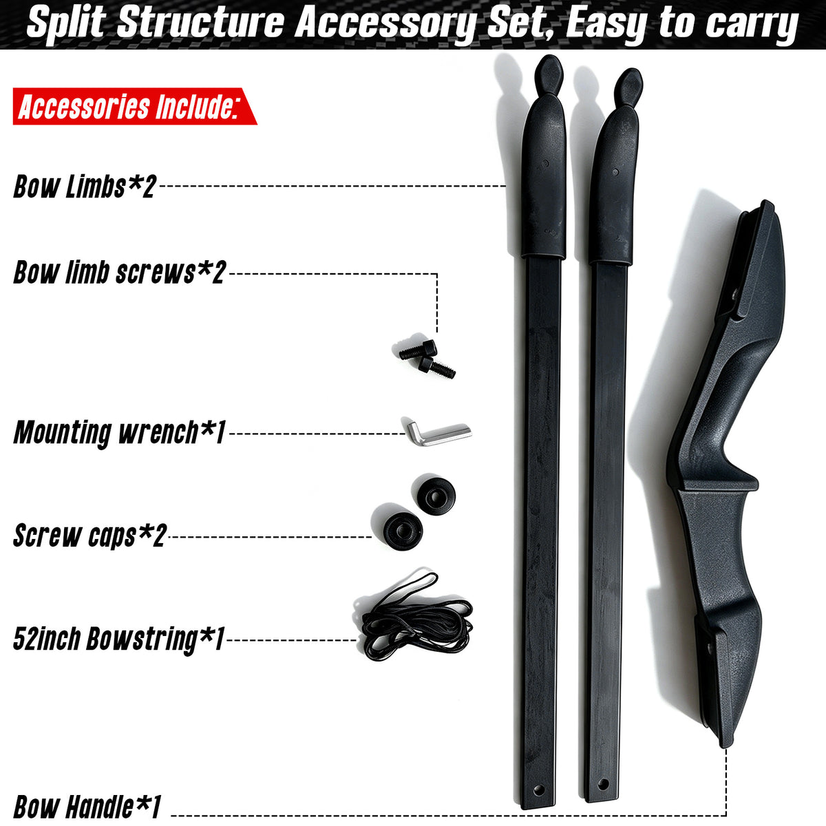 Black Adult 53" Archery Recurve Bow, Takedown Long Bow Kit, Portable Split-Type Bow, Adult and Beginners to Advanced Outdoor Target Practice, High Accuracy Shooting, Both for Left and Right Hand Use Recurve Bow Package for Adults 20LB, 30LB, 40LB