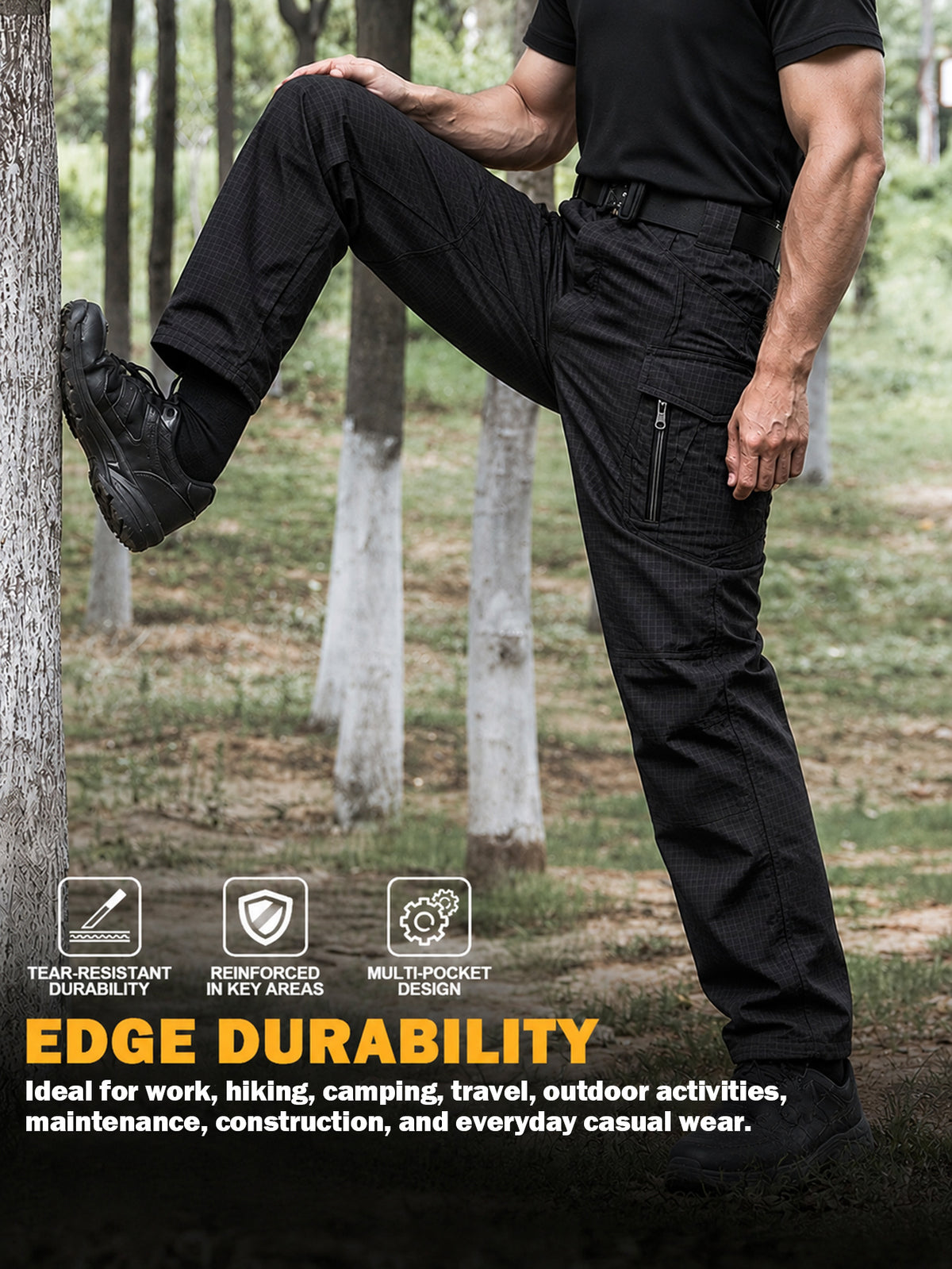 Men's Cargo Work Pants Black, Stretch Waistband, Lightweight Ripstop Hiking Pants with 9 Pockets, Water Resistant & Durable Utility Cargo Pants, Relaxed Fit for Men Workdays and Outdoor Activities (Black,S-XXXL)