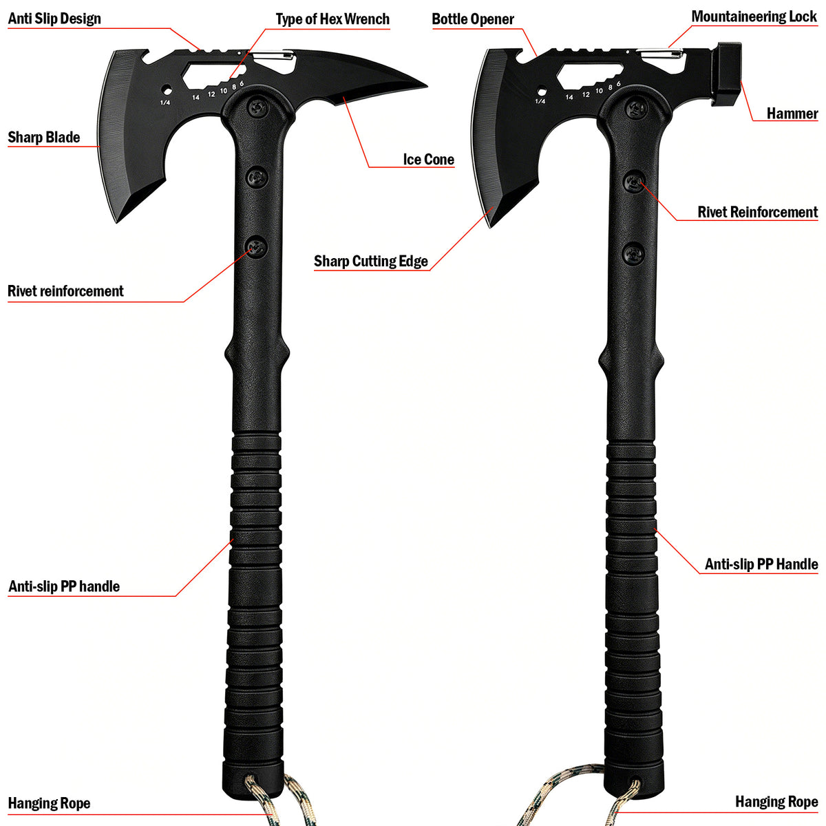 2 Pack Portable Battle Axe Set, Portable Outdoor Hatchet with Sheath, Reinforced Steel Sharp Blade, Window Breaker, Hammer and Multi-Tool Design Tomahawk, Durable Anti-Slip Handle Camping Hatchet Tool for Hiking/Camping/Outdoor Adventure Gear
