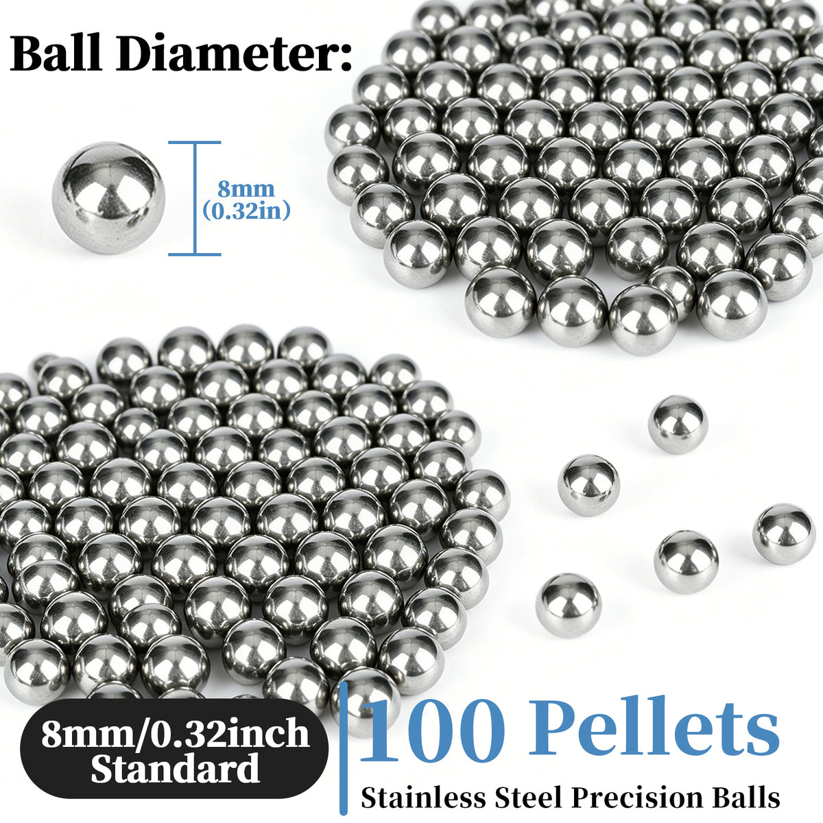100PCS 8mm Stainless Precision Balls, Solid Round Bearings Balls, Smooth & Durable,High Hardness, Polished, Rust-Resistant, Ideal for Slingshot, Bow Practice & Target Training