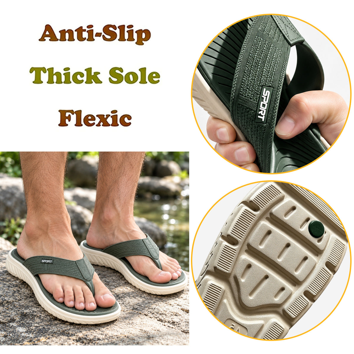 Men's Flip Flops, Slide Sandals for Men, Lightweight Thong Sandals with Thick EVA Sole, Soft Cushioned Footbed & Textured Outsole, Non-Slip Slippers, Men Summer Beach Sandals with Arch Support for Casual Walking, Indoor & Outdoor Wear, Green