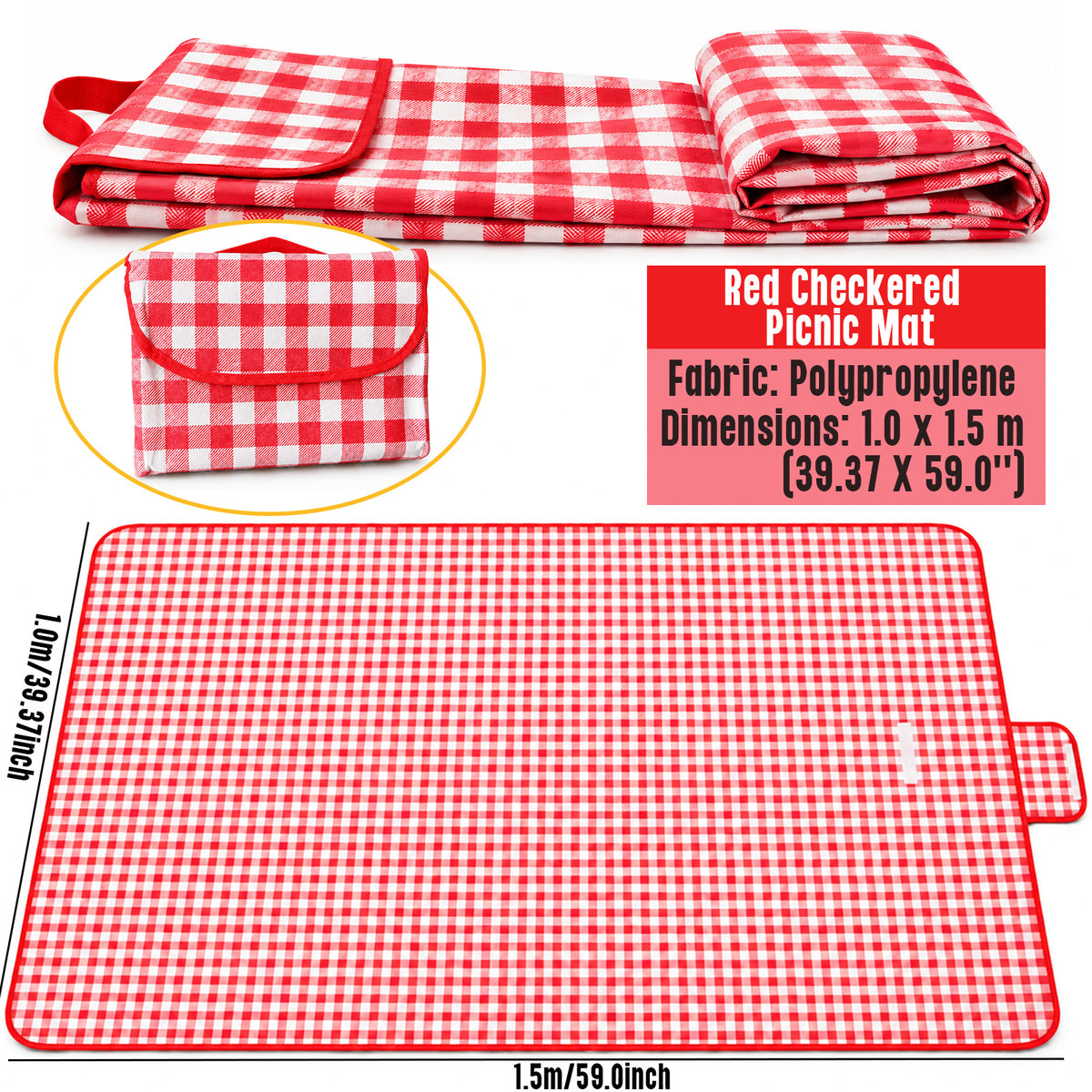 New Upgraded Picnic Blanket Outdoor Extra Large Picnic Mat 39.37"X59" Camping Blanket Beach Blanket, Thickened Checkered Non-Woven Fabric, Ultralight 1.25 lb with Handle Picnic Mat, for Outdoor Camping Hiking Travel Grass Park Music (100X150CM)