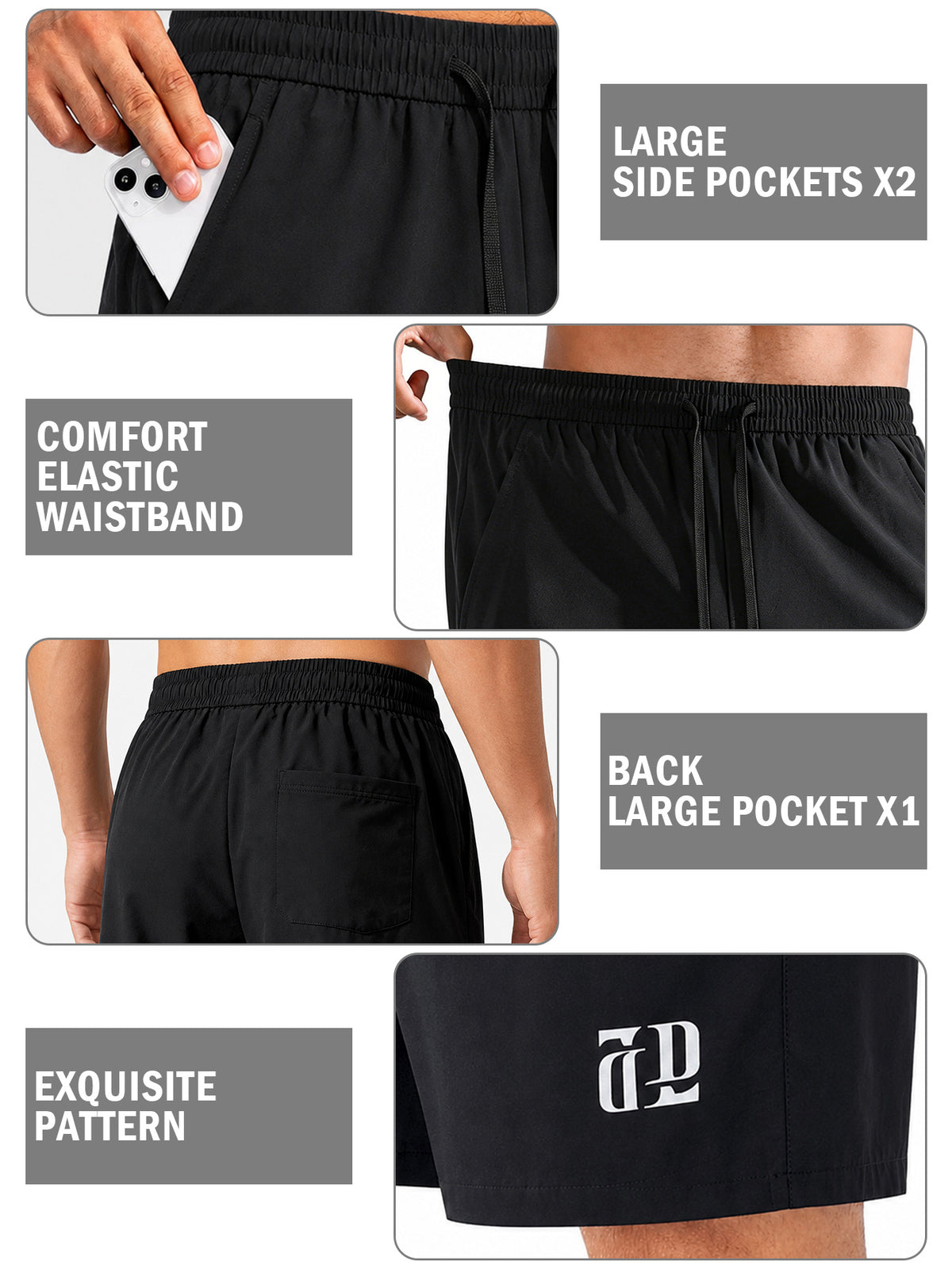 Men's Athletic Shorts for Running & Training,Mens Lightweight Fitness Shorts, DrawstringWaist and 3 Pockets, Perfect for Training, Running, Fitness, Outdoor Sports, Drawstring WaistShorts, Casual Versatile 5 Inch Shorts,Black