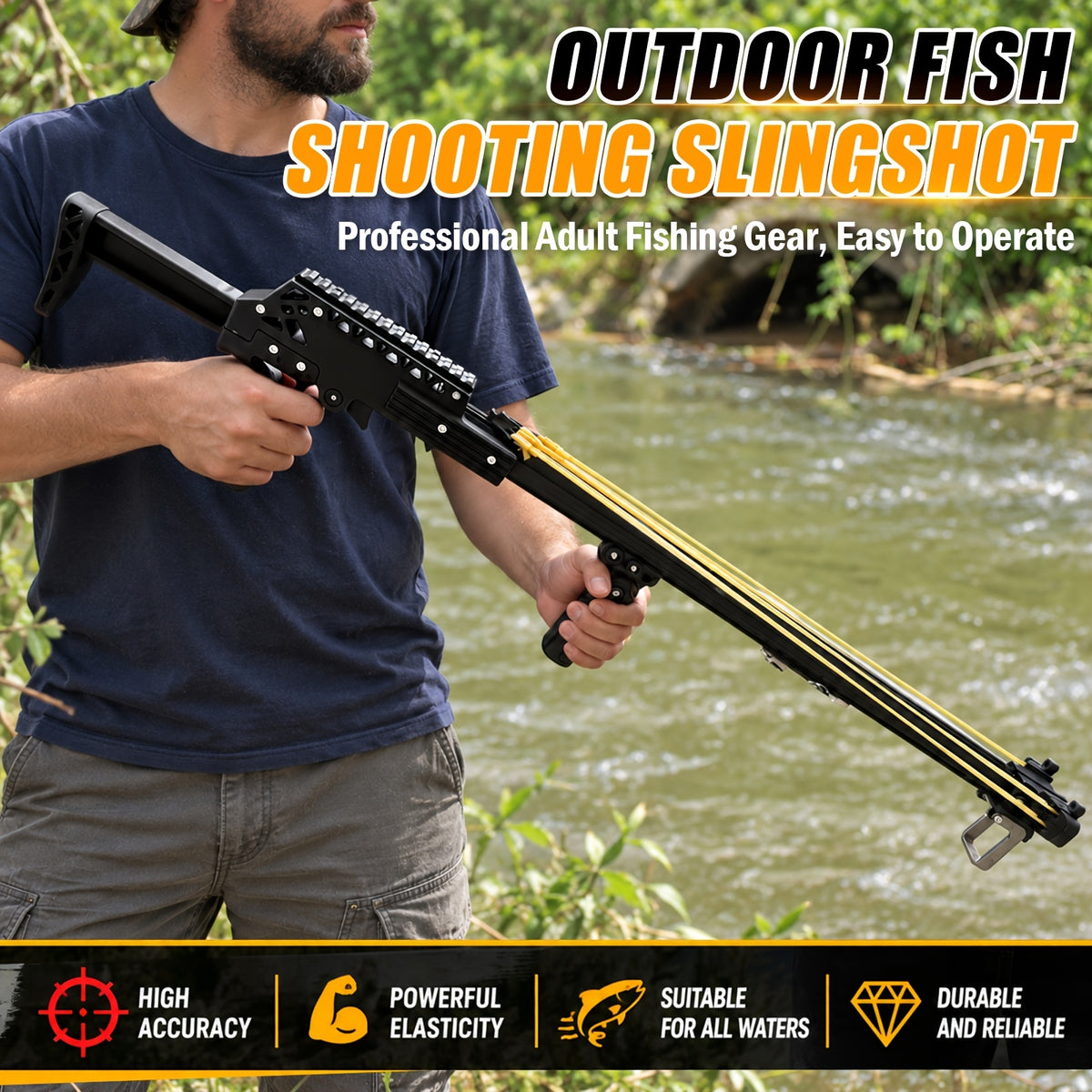 Upgraded Model Outdoor Fishing Slingshot, Heavy Duty Fish Rod Slingshot Gear, Max Performance Metal Slingshot, Safety Lock Trigger Automatic Slingshot, Essential for Outdoors Lakes,Rivers Fishing and Forest Shooting,Adult Slingshot with Rubber Bands