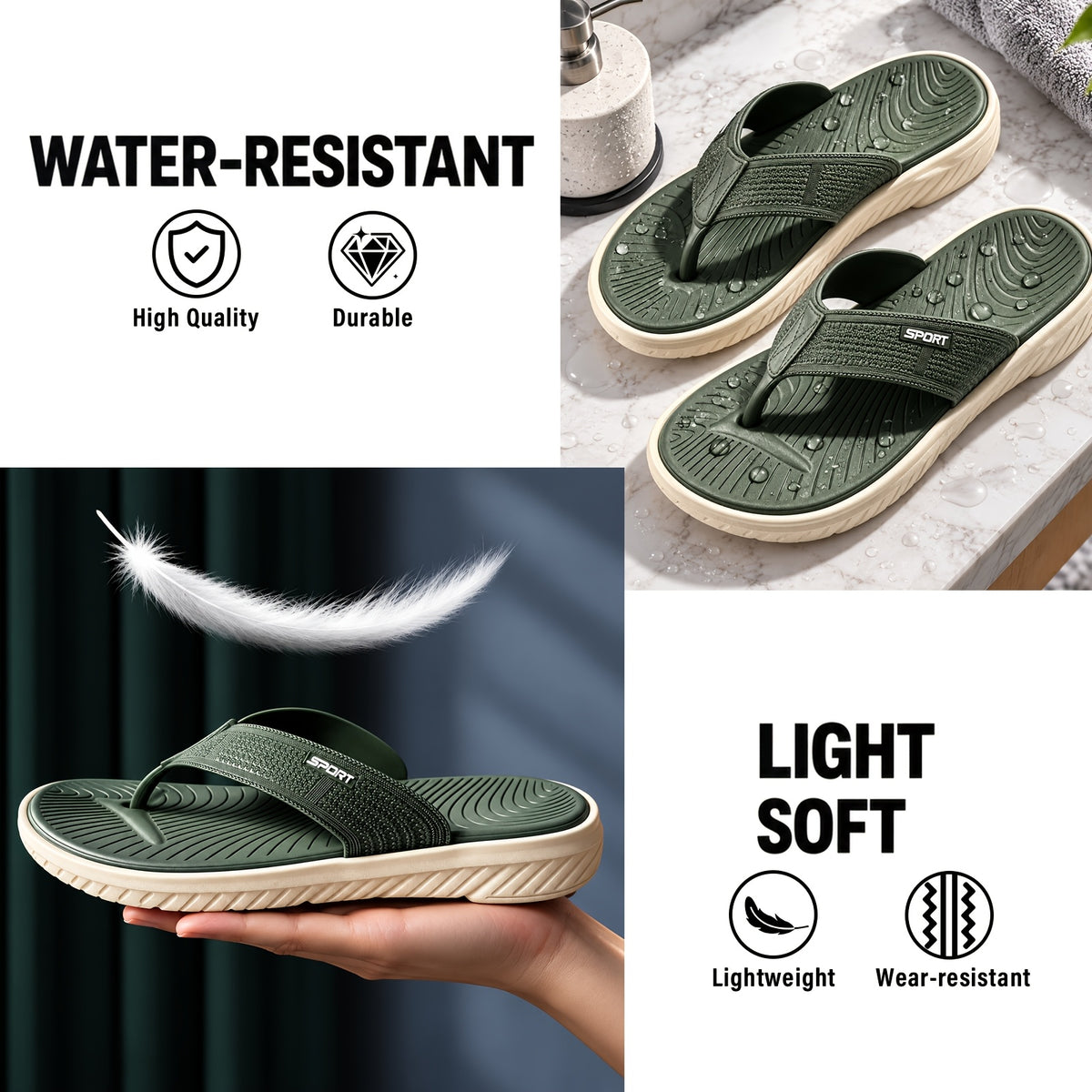 Men's Flip Flops, Slide Sandals for Men, Lightweight Thong Sandals with Thick EVA Sole, Soft Cushioned Footbed & Textured Outsole, Non-Slip Slippers, Men Summer Beach Sandals with Arch Support for Casual Walking, Indoor & Outdoor Wear, Green