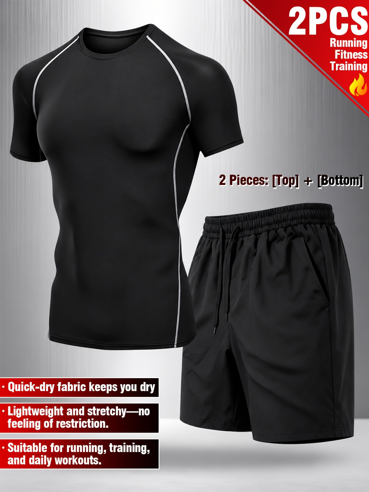 2-piece Men's Athletic Workout Set, Running, Gym Compression Gear, All-Season Wear, Breathable Quick Dry Compression Short Sleeve Training Shirt with Elastic Waistband Shorts, Activewear Outfit for Running Fitness Basketball Outdoor activities,Black