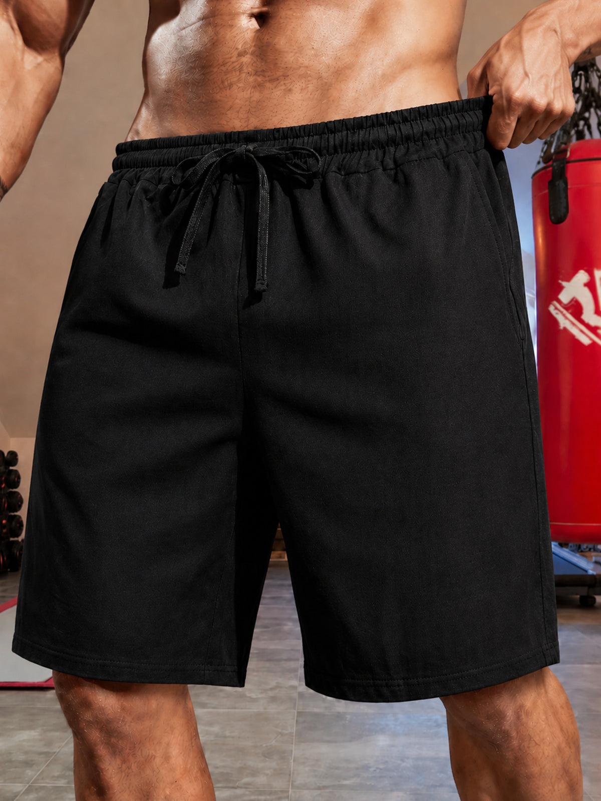 Men's Black Athletic Shorts with Pockets and Drawstring Waist,Made From Linen Blend Fabric, Lightweight Fitness Shorts, These Quick-Dry,Breathable and Comfortable for Running, Outings, Workouts and Casual Daily Wear. Men's Drawstring Waist Shorts