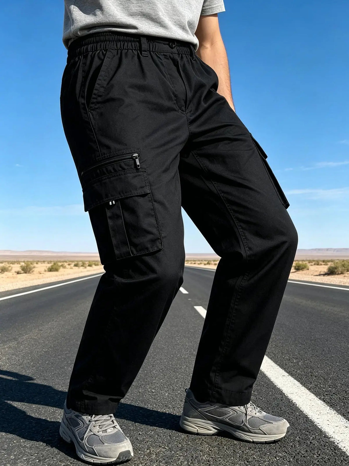 Men's Utility Cargo Pants, Casual Multi-Pocket Loose Straight Leg Work Pants, Durable Lightweight Ripstop Fabric, Flexible Elastic Waist Adjustable, Quick-Drying Outdoor Long Pants for Daily Commute, Running, Hiking, Travel and Camping Wear, Black