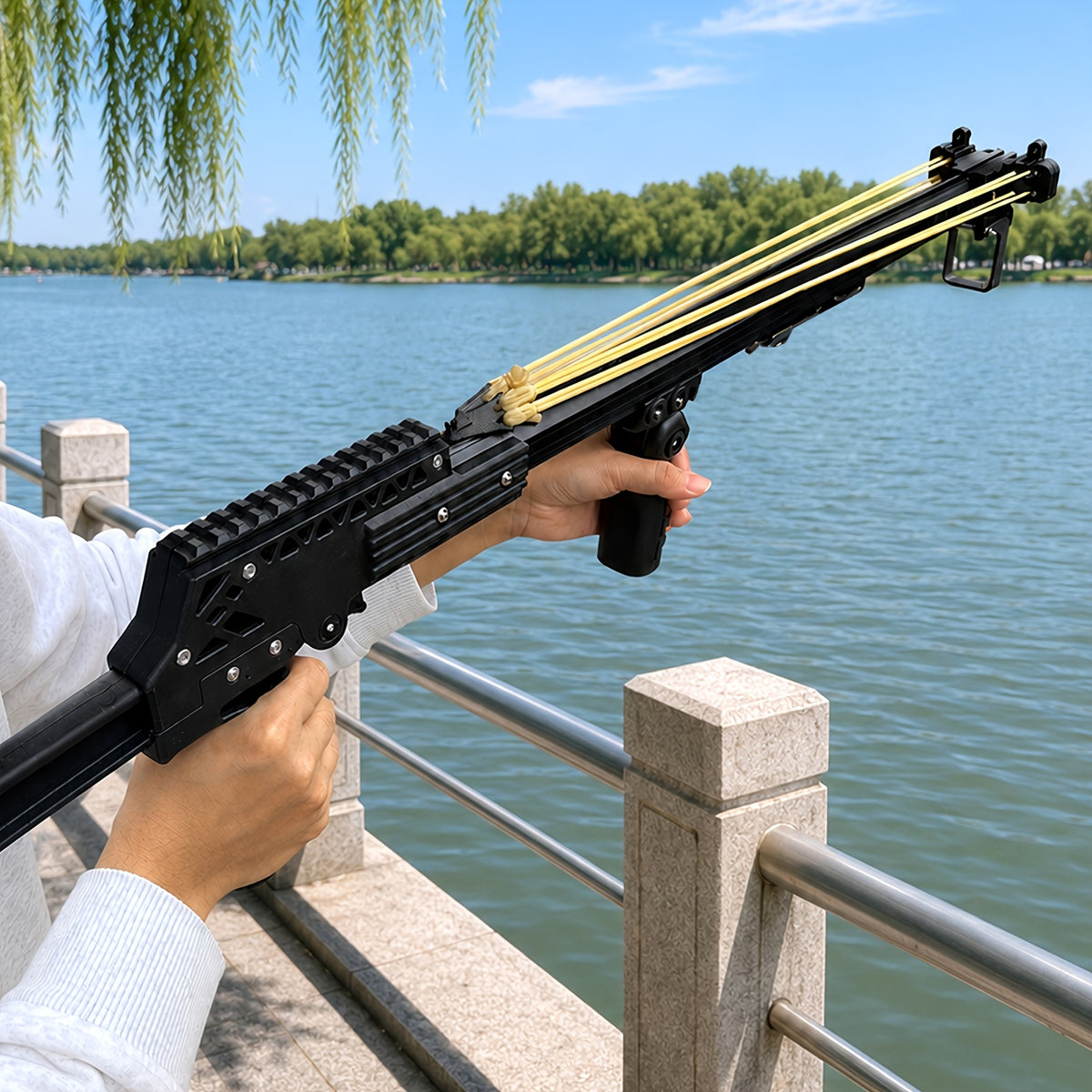 Upgraded Model Outdoor Fishing Slingshot, Heavy Duty Fish Rod Slingshot Gear, Max Performance Metal Slingshot, Safety Lock Trigger Automatic Slingshot, Essential for Outdoors Lakes,Rivers Fishing and Forest Shooting,Adult Slingshot with Rubber Bands