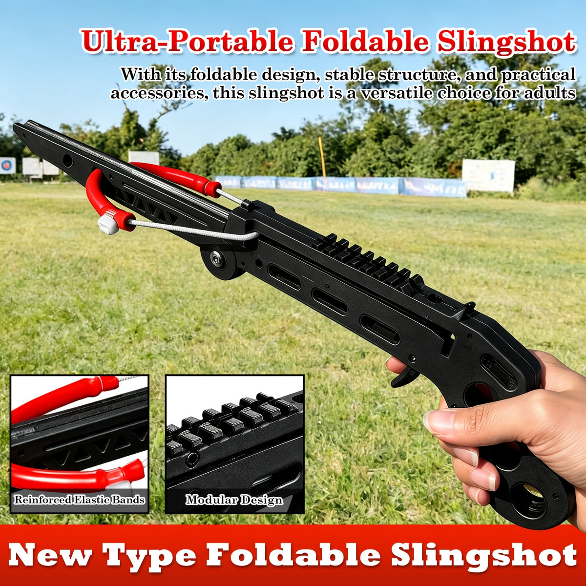 Folding Slingshot Set, Outdoor Shooting Practice Slingshots for Adults, New Type Bow, 19inch Length, 11.42inch Folded, Portable Target Practice Launcher with Steel Balls & Training Arrows, Easy Storage for Outdoor Backyard Target Shooting