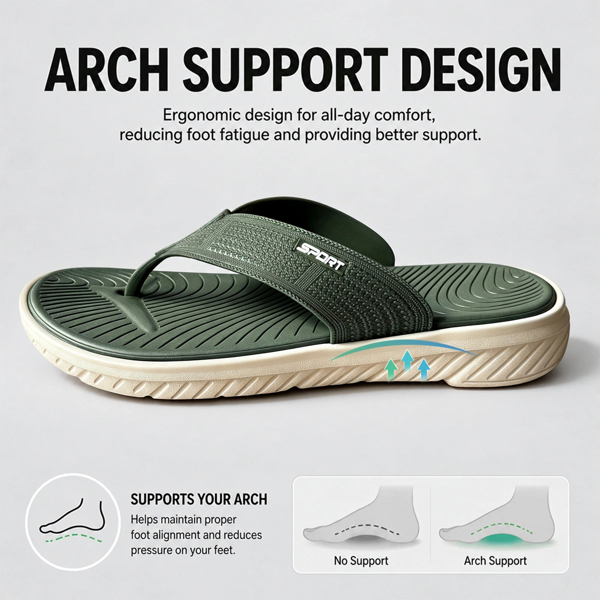 Men's Flip Flops, Slide Sandals for Men, Lightweight Thong Sandals with Thick EVA Sole, Soft Cushioned Footbed & Textured Outsole, Non-Slip Slippers, Men Summer Beach Sandals with Arch Support for Casual Walking, Indoor & Outdoor Wear, Green