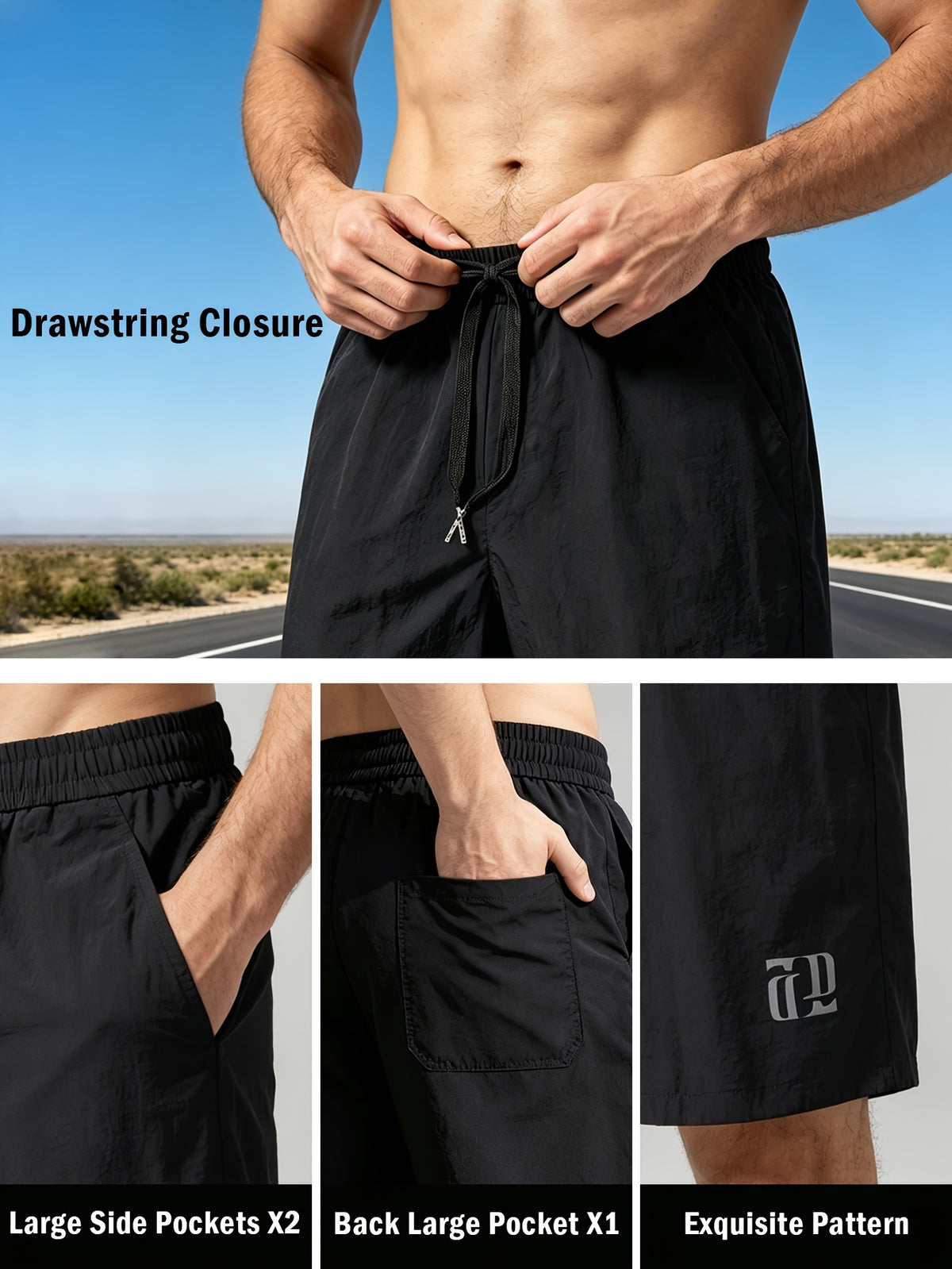 Classic Black Solid Color Men's Cargo Shorts Athletic Training Shorts with Pockets, Adjustable  Elastic Waistband, Quick-drying, Breathable and Comfortable Cool Fabric, Suitable for Fitness, Running, Sports, Travel, Beach or Commute Everyday,1PCS