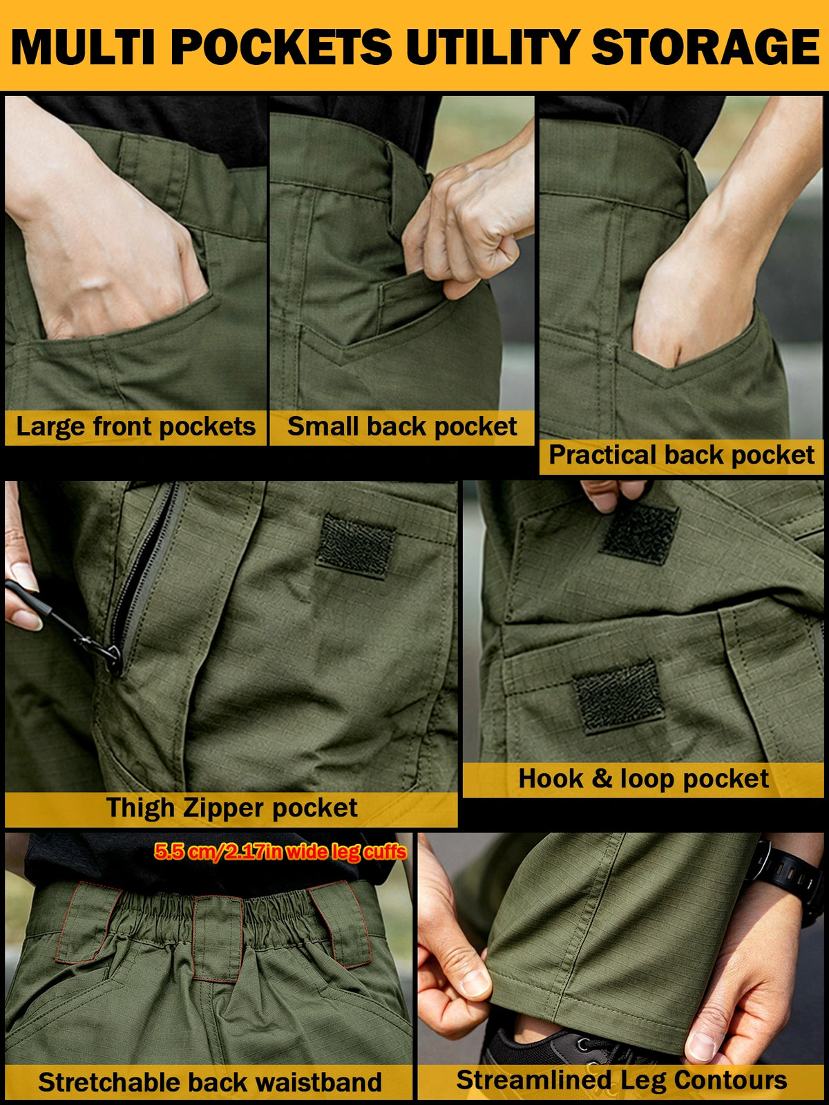 Men's Work Cargo Pants, Army Green, Stretch Tear-resistant Lightweight Commuter Pants/ Training Pants/Hiking Pants, Water-Resistant Multi-Pocket Utility Work Pants and Outdoor Casual Pants, for Outdoor Camping & Hiking, Durable