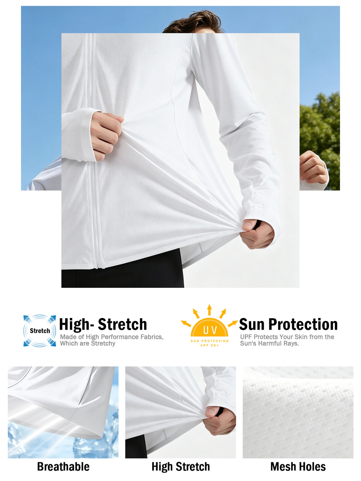 Men's UPF 50+ Cooling Ice Silk Shirt Outdoor Lightweight Full Zip Hoodie Jacket, Cooling Top Long Sleeve Moisture Wicking Hoodie, Lightweight and Breathable, Outdoor Fishing Hiking Performance Shirt Tops for Summer