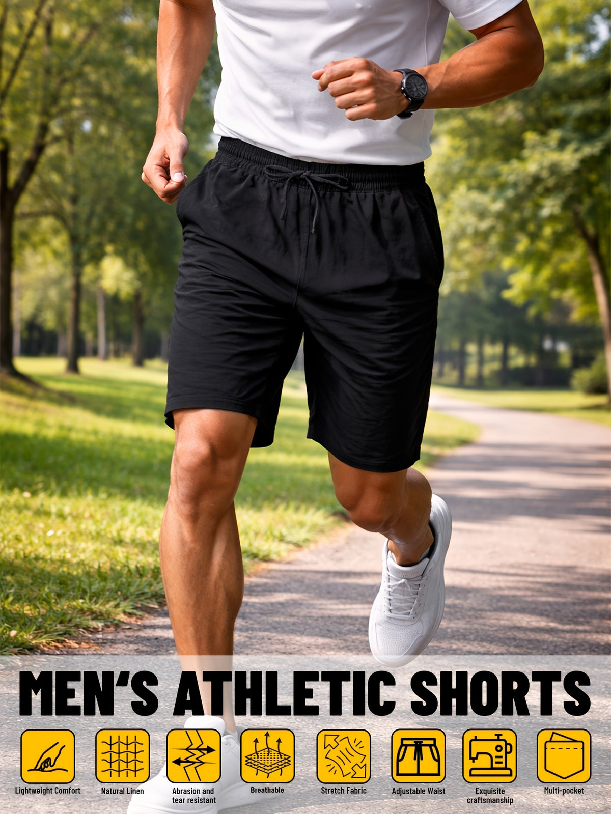 Men's Linen Breathable Workout Shorts, Lightweight Quick-Dry Sports Shorts, Breathable Stretch Athletic 5" Shorts, Drawstring Waist for Comfortable Outdoor Running, Gym Training & Fitness, Outdoor Beach Activities,Relaxed Shorts, Men Gift (Black）