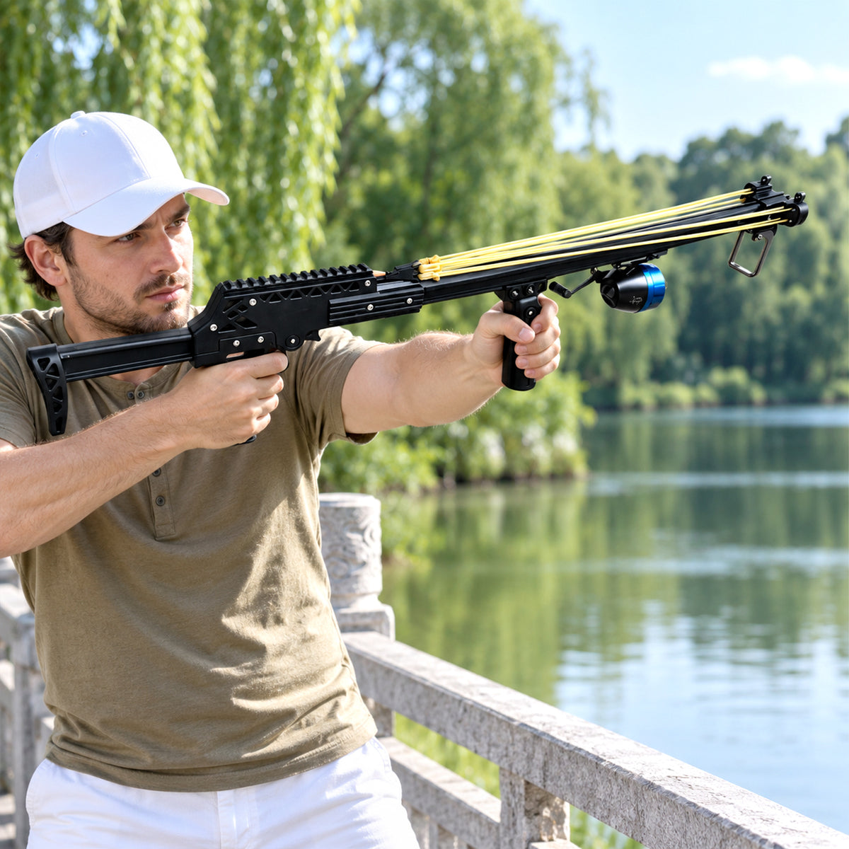 New Upgraded Outdoor Fishing Slingshot, Heavy Duty Fish Rod Slingshot Gear, Max Performance Metal Slingshot, Safety Lock Trigger Automatic Slingshot, Essential for Outdoors Lakes,Rivers Fishing and Forest Shooting,Adult Slingshot with Rubber Bands