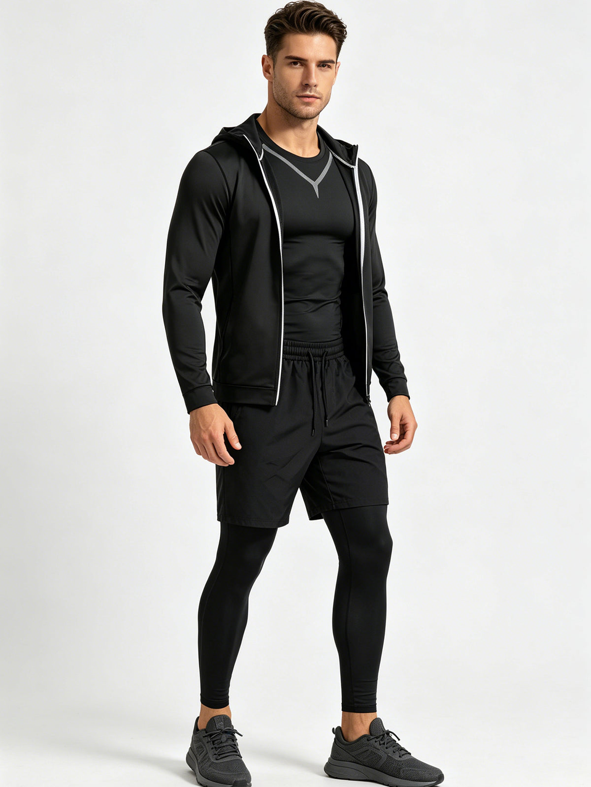 4 Pieces Sports Set, Men's Fitted Workout Shirt Activewear Set, Athletic Jacket with Hoodies Long Sleeve, Quick Dry Compression Tee with Breathable Moisture Wicking Comfort, Stretch Short Sleeve Running Top for Gym Training and All-Day Active Wear
