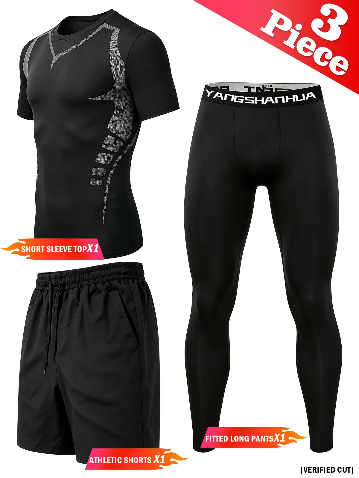3 Pieces Men's Sports Set, Running Training Fitness,Quick Dry Workout Set with Athletic Fit Short Sleeve Performance Elastic Shirt and Elastic Waistband Long/Shorts, Lightweight Breathable Sportswear for Gym Basketball and Everyday Wear,Summer