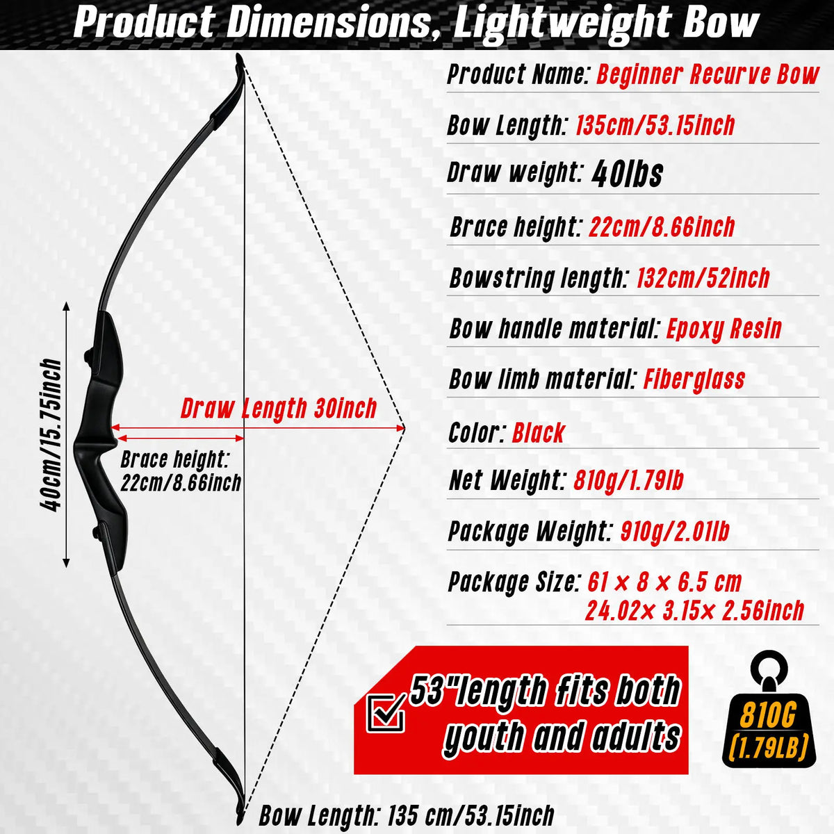 Black Adult 53" Archery Recurve Bow, Takedown Long Bow Kit, Portable Split-Type Bow, Adult and Beginners to Advanced Outdoor Target Practice, High Accuracy Shooting, Both for Left and Right Hand Use Recurve Bow Package for Adults 20LB, 30LB, 40LB