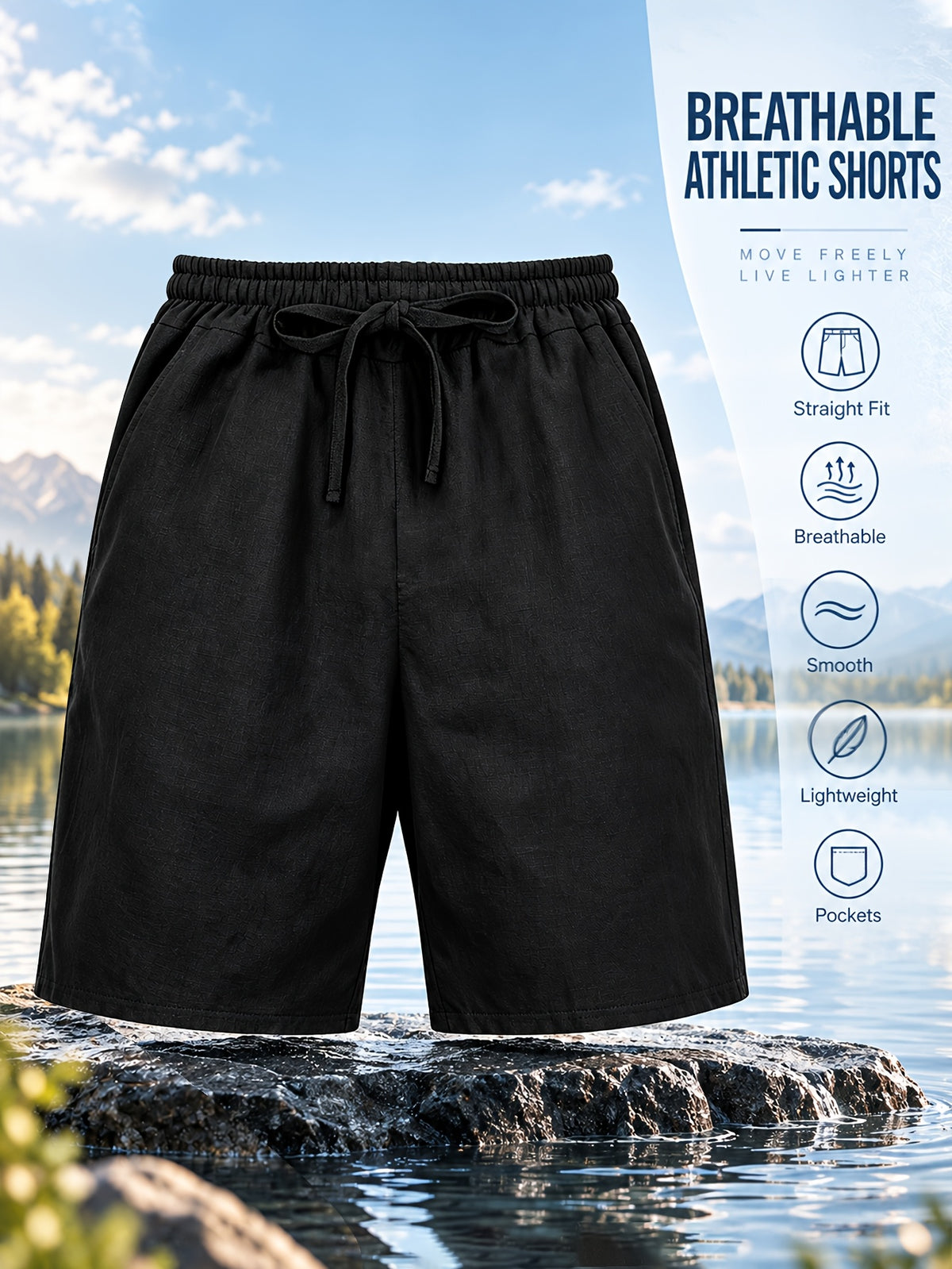 Men's Linen Breathable Workout Shorts, Lightweight Quick-Dry Sports Shorts, Breathable Stretch Athletic 5" Shorts, Drawstring Waist for Comfortable Outdoor Running, Gym Training & Fitness, Outdoor Beach Activities,Relaxed Shorts, Men Gift (Black）
