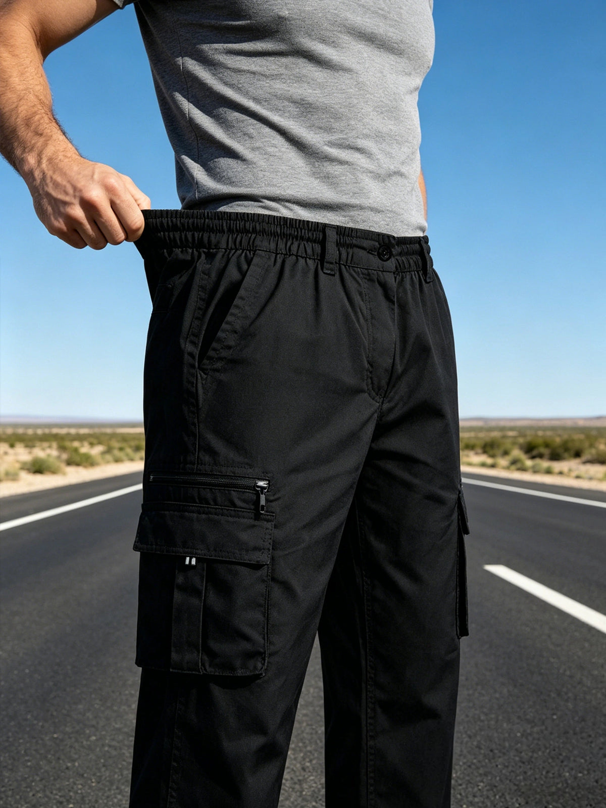 Men's Elastic Ripstop Tactical Pants Cargo Pants, Lightweight Motion Utility Casual Pants, Stretch Waistband, Straight Cut Loose Fit, Water Resistant Ripstop Outdoor Quick Dry Hiking Work Long Pants with Multi Pockets Commute Pants(No Belt, Black)