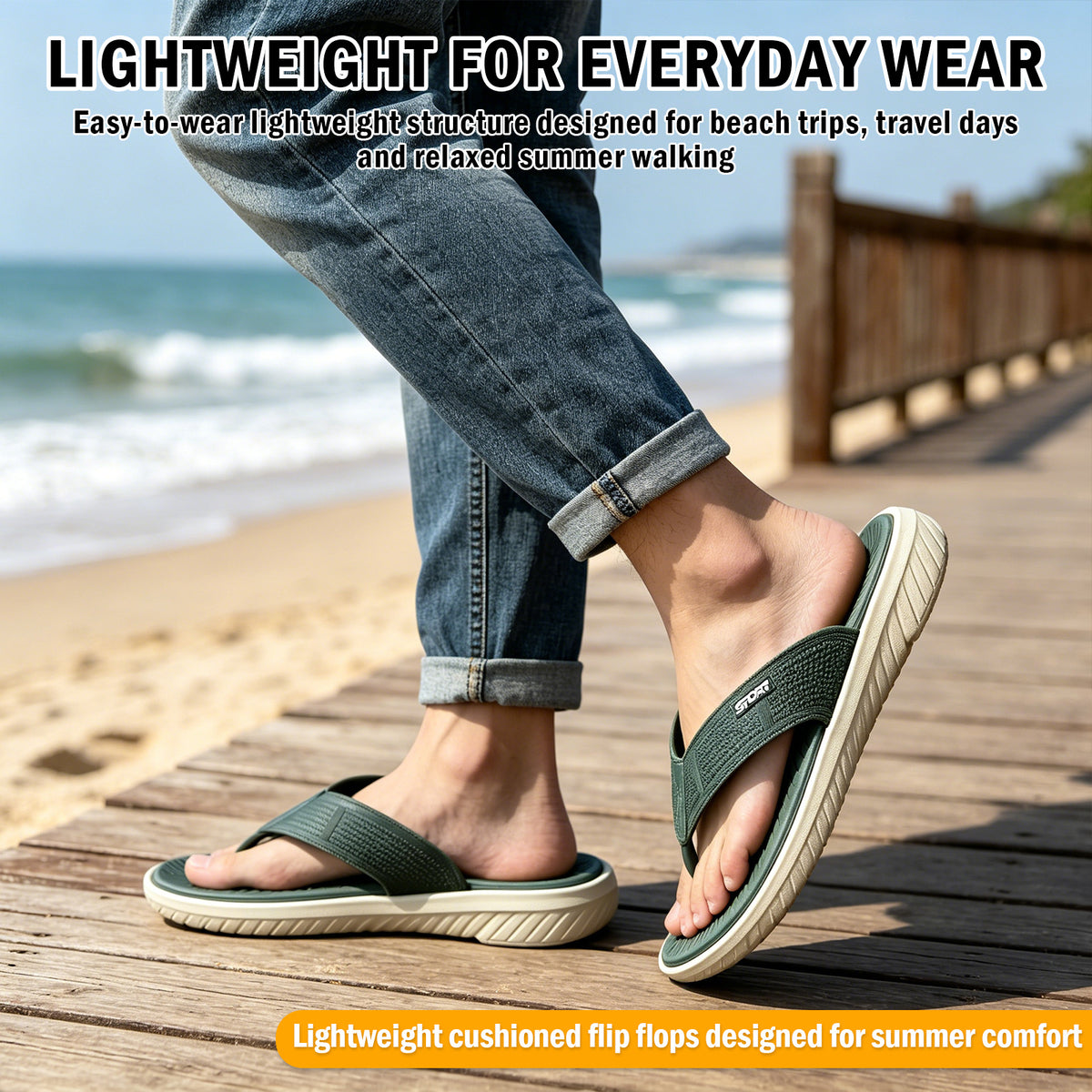 Men's Casual Flip Flops Thong Sandals with Thick Cushioned Sole, Comfortable Arch Support, Lightweight Outdoor Beach Flip Flop for Beach, Pool, Travel & Daily Walking, Summer Casual Sport Slides with Flats Non-Slip Shoes Indoor Outdoor Wear（Green）