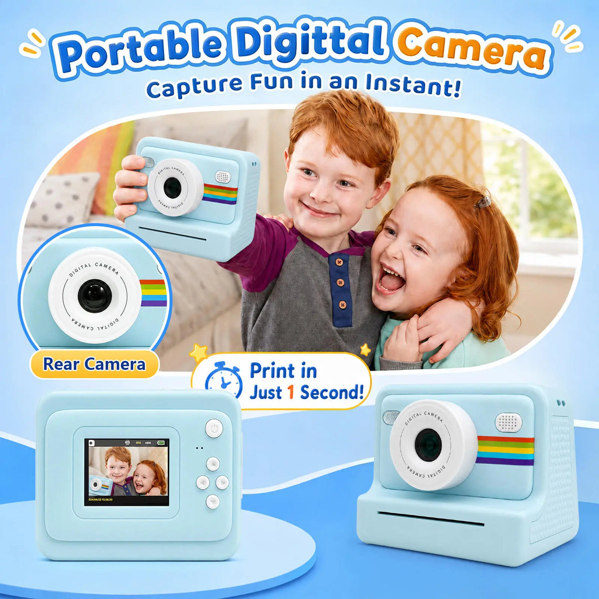 Kids Camera Instant Print for Boys Girls, 2.0-Inch Screen, 1080P HD Photography, MP3 & Game, 20 Creative Frames, 3 Rolls of Printer Paper, USB Charger, Perfect for Christmas And Halloween Birthday Gift, Perfect for Kid, Gifts Girls Boys 6 Years Old