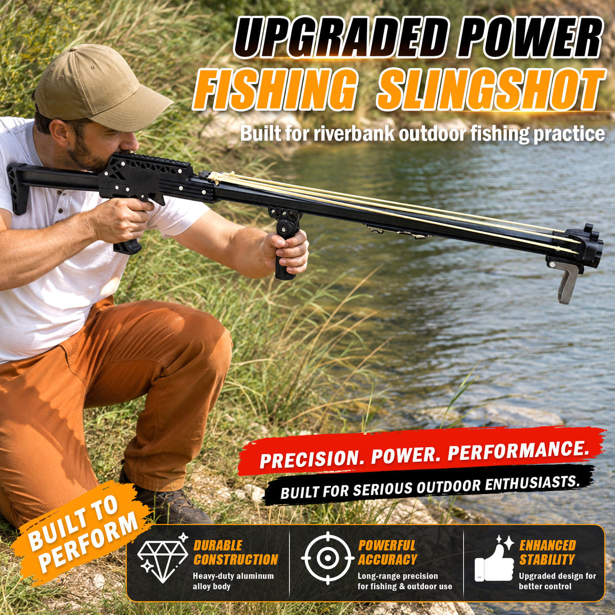 New Upgraded Outdoor Fishing Slingshot, Heavy Duty Fish Rod Slingshot Gear, Max Performance Metal Slingshot, Safety Lock Trigger Automatic Slingshot, Essential for Outdoors Lakes,Rivers Fishing and Forest Shooting,Adult Slingshot with Rubber Bands