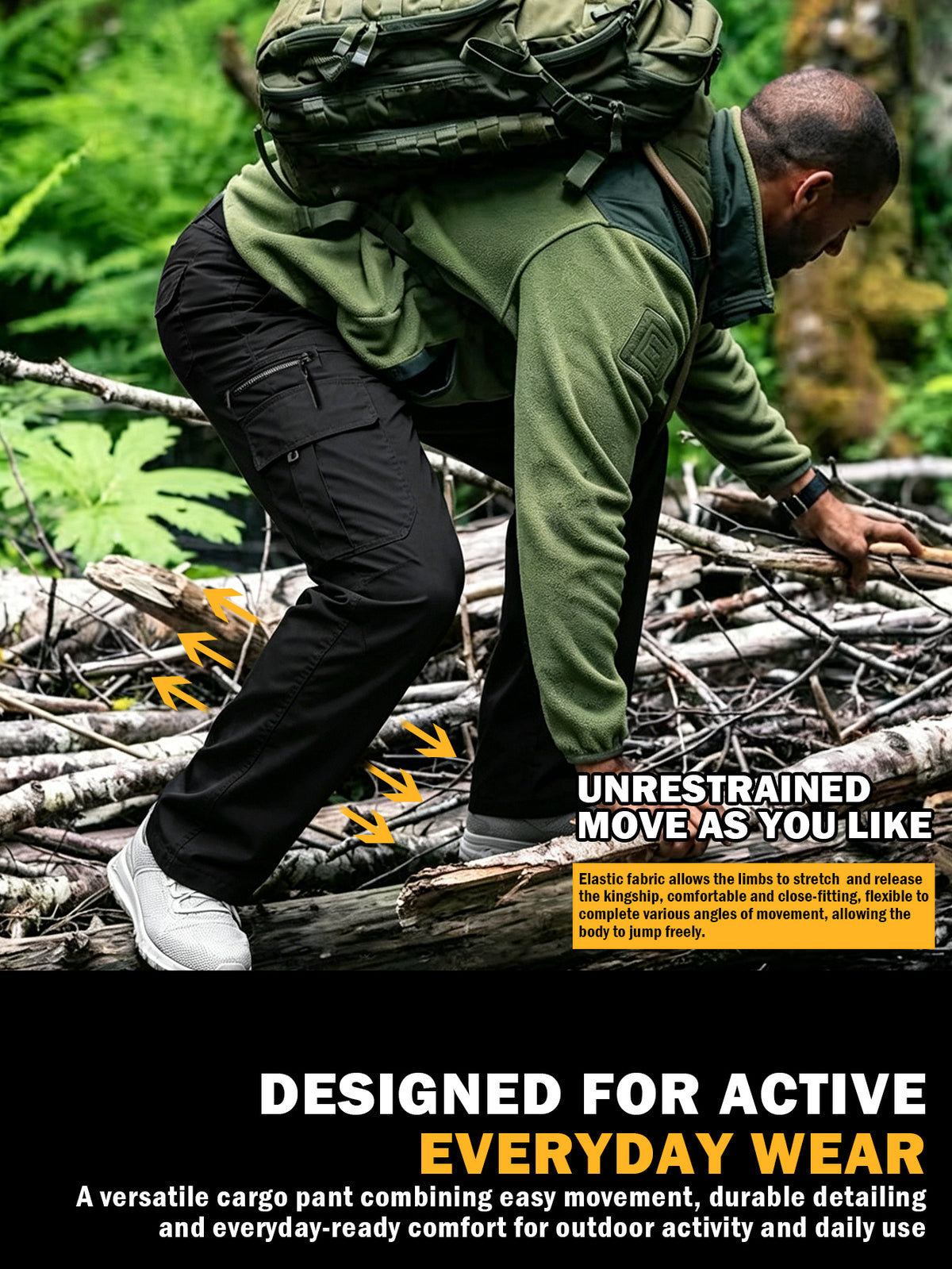 Men's Utility Cargo Pants, Casual Multi-Pocket Loose Straight Leg Work Pants, Durable Lightweight Ripstop Fabric, Flexible Elastic Waist Adjustable, Quick-Drying Outdoor Long Pants for Daily Commute, Running, Hiking, Travel and Camping Wear, Black